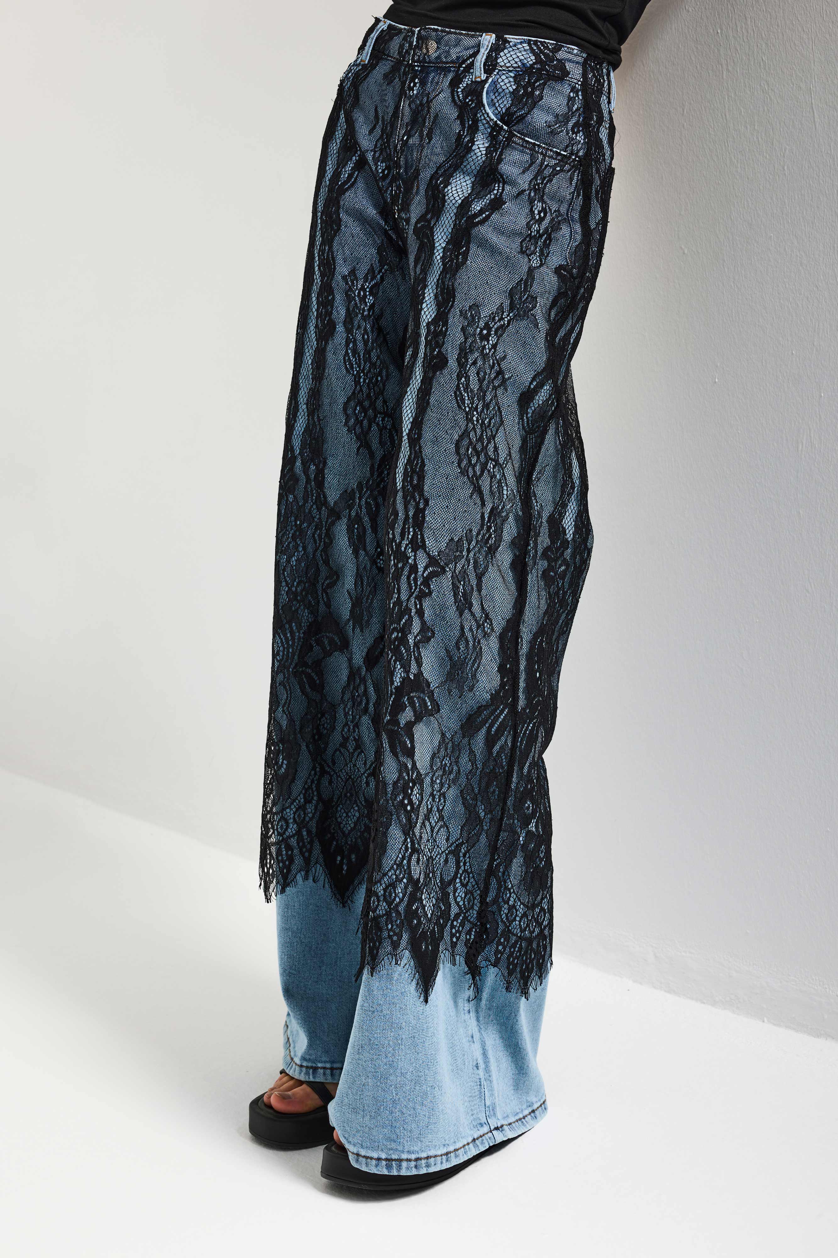 Kadın Dantel Kot Rengi Palazzo Fit Dantel Detaylı Özel Tasarım Denim Jean