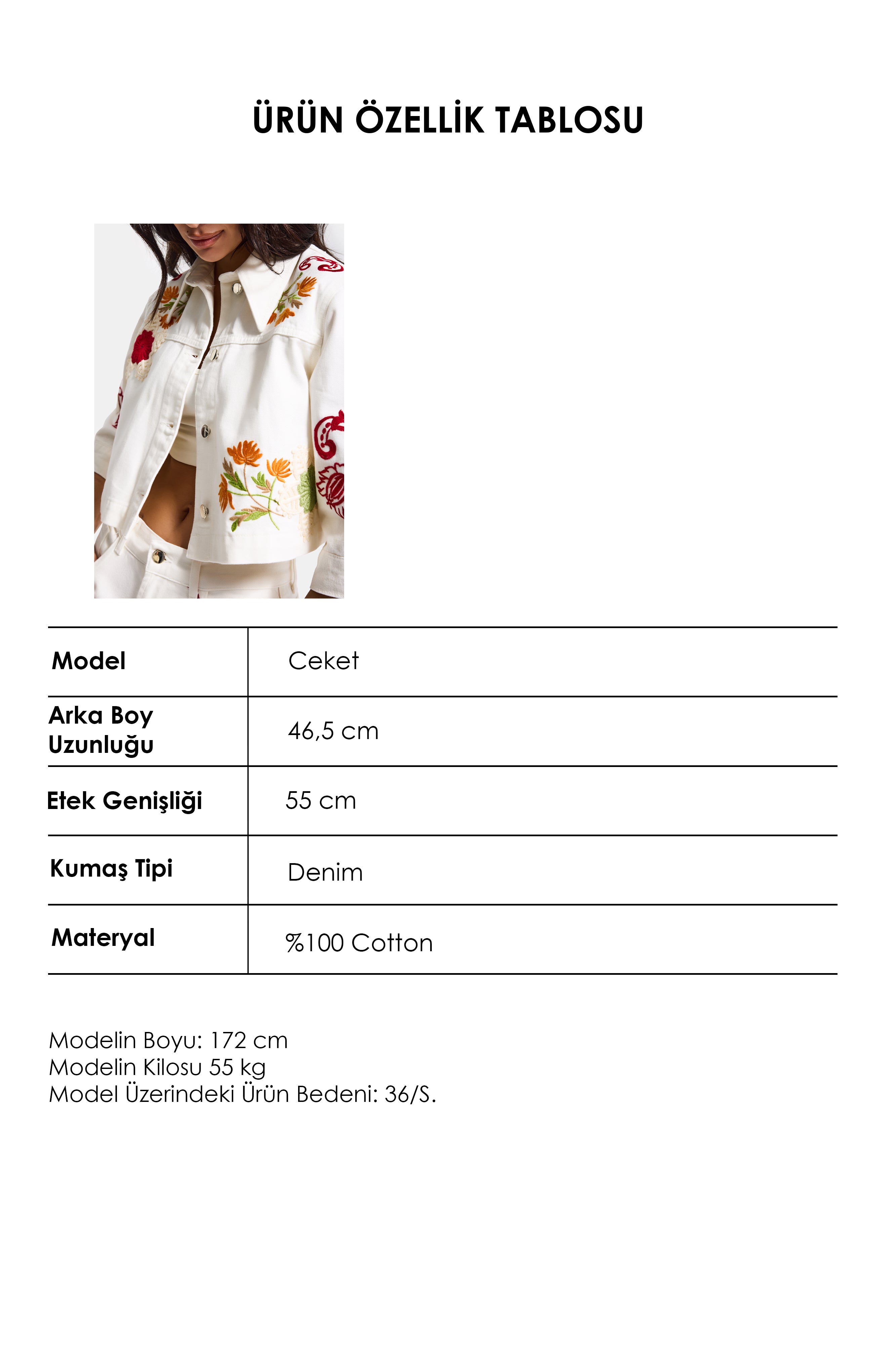 Kadın Ekru 7s6-101 Crop Fit Özel Desen Çiçek Nakışlı Tasarım Denim Ceket