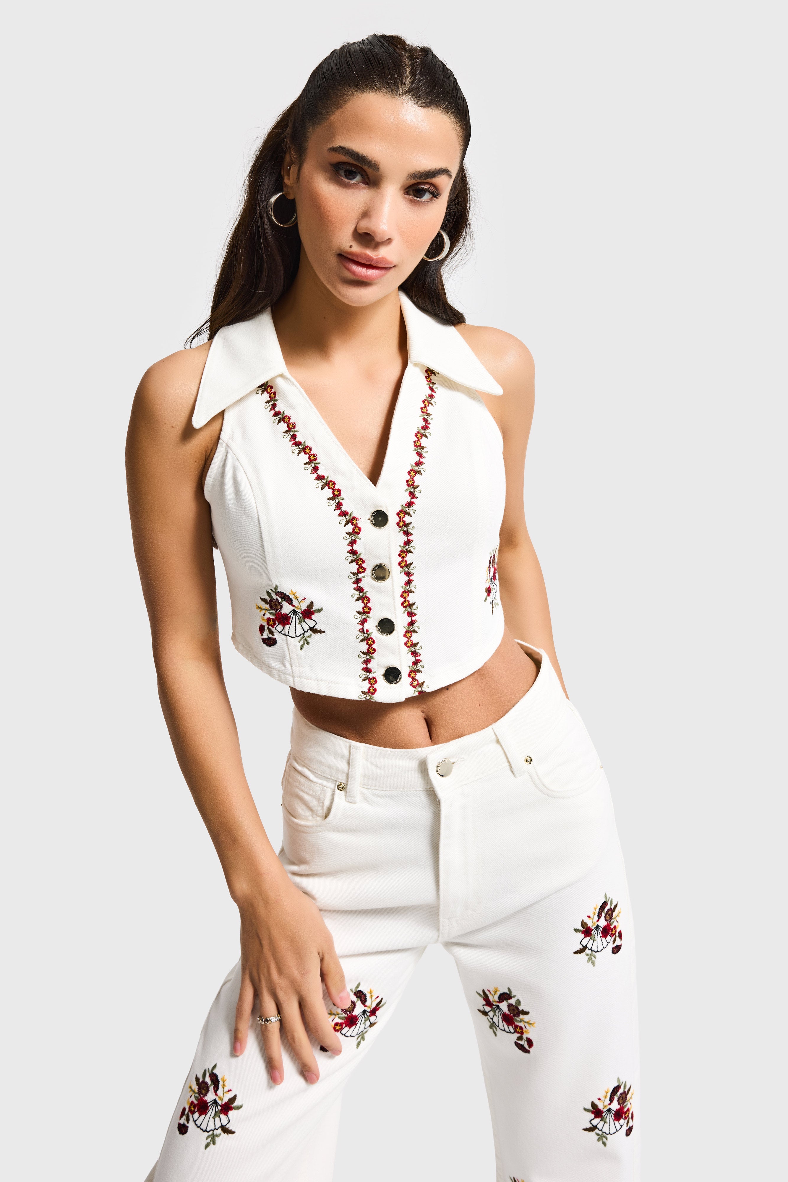 Kadın Ekru 7s6-101 Crop Fit Özel Nakışlı Düğmeli Tasarım Denim Yelek