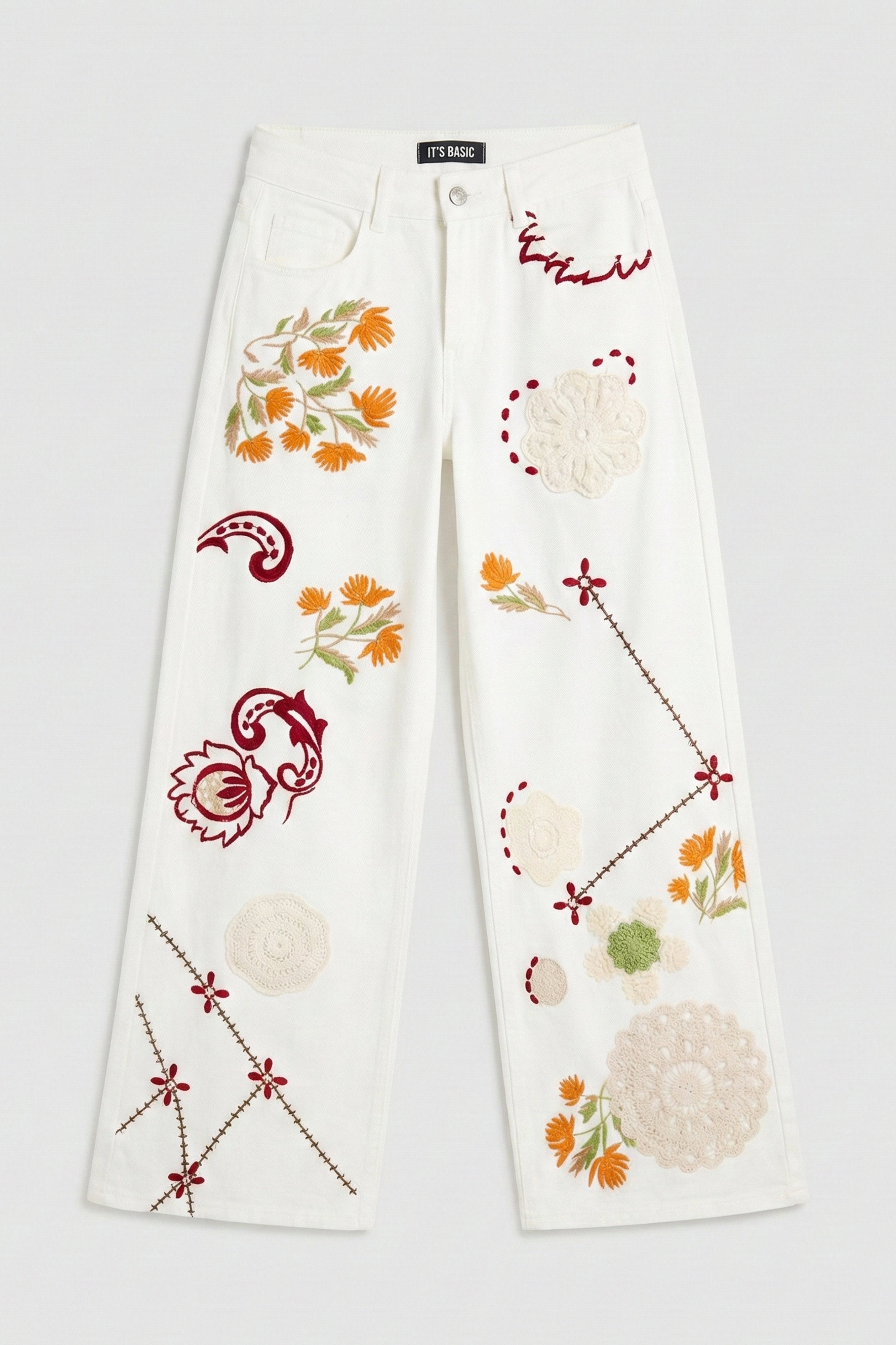 Kadın Ekru 7s6-101 Palazzo Fit Özel Desen Çiçek Nakışlı Tasarım Denim Jean