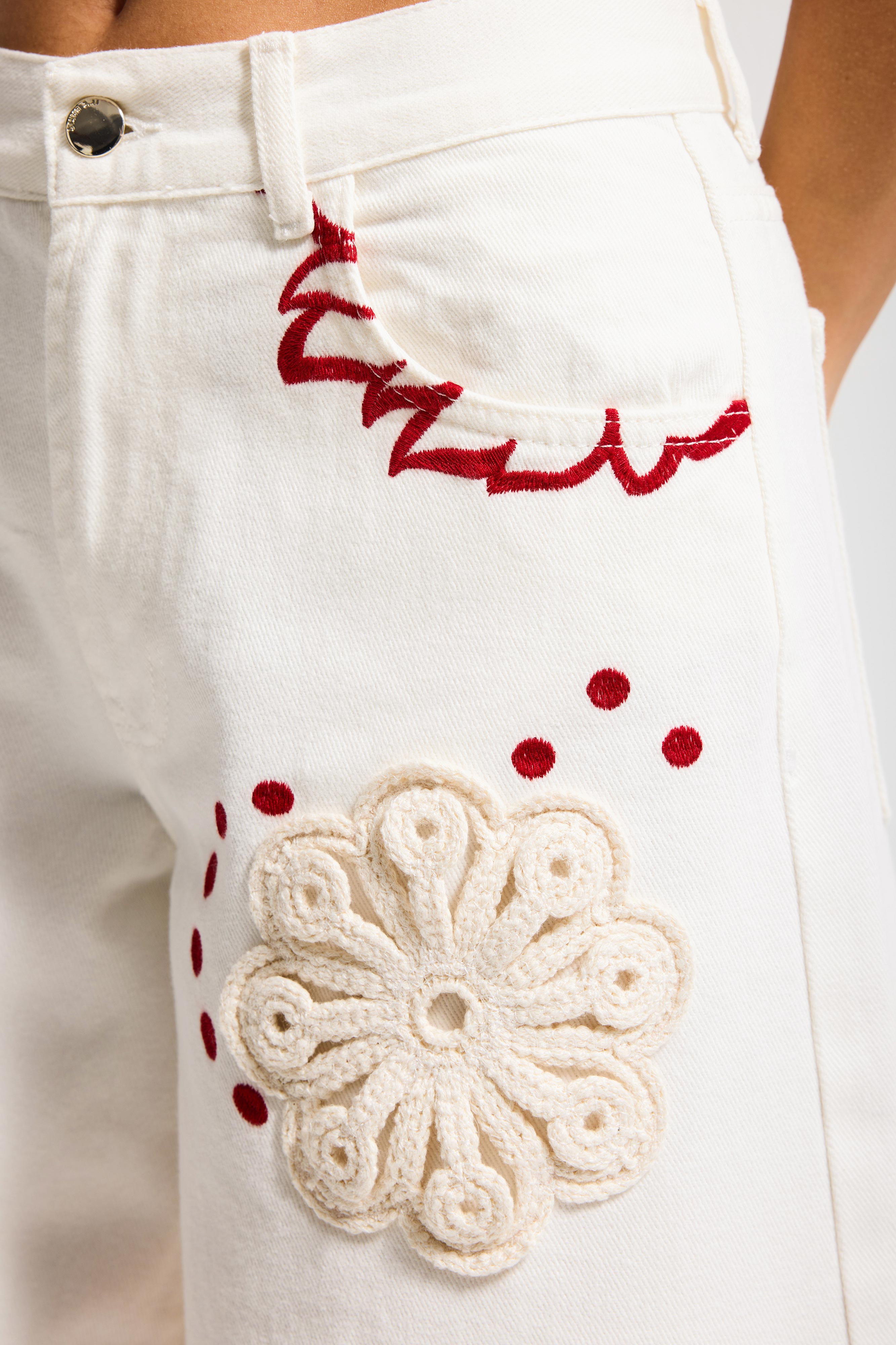 Kadın Ekru 7s6-101 Palazzo Fit Özel Desen Çiçek Nakışlı Tasarım Denim Jean