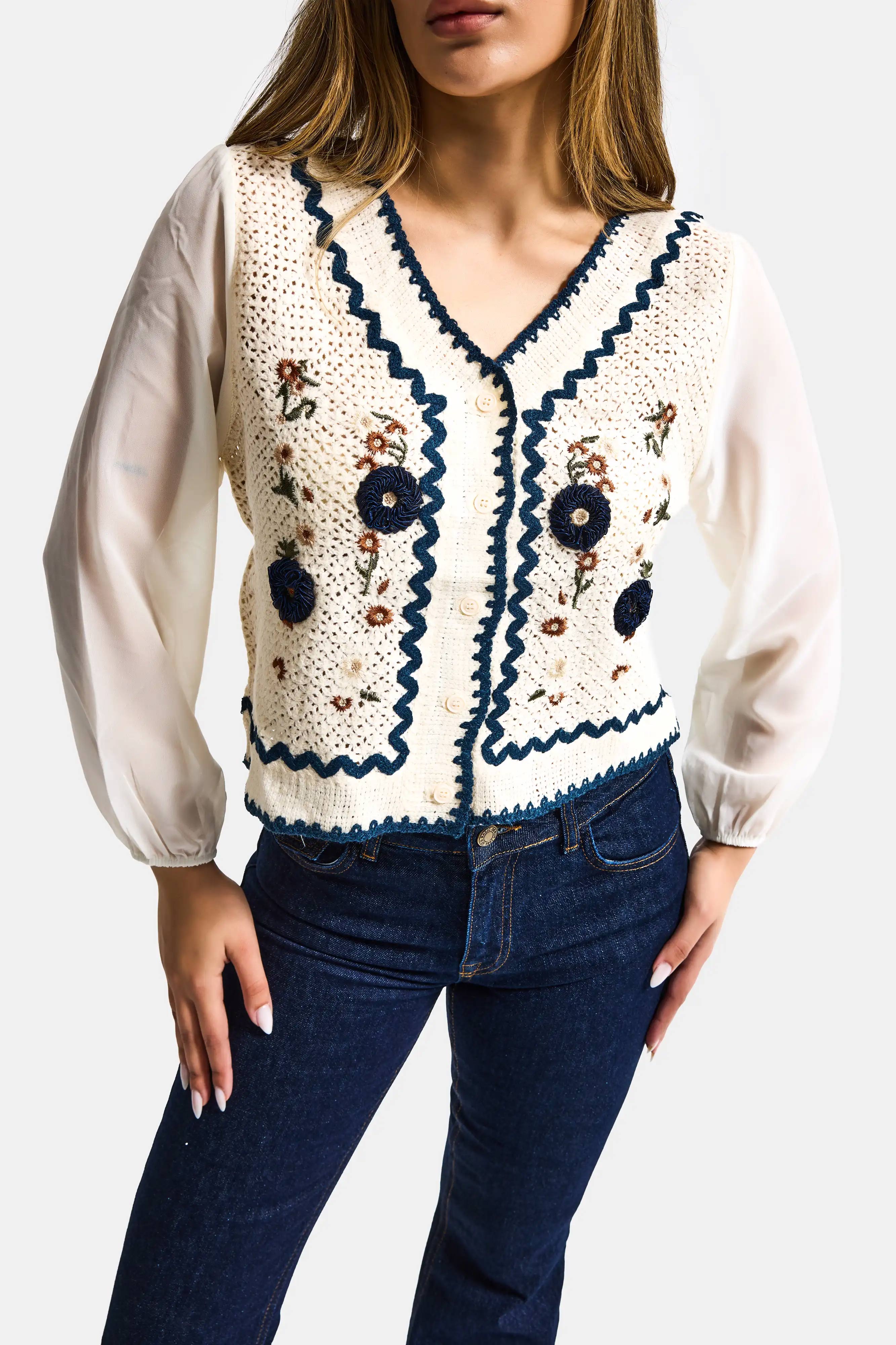 Kadın Ekru Etnik Şifon Kollu Etnik Örgülü Tasarım Bluz