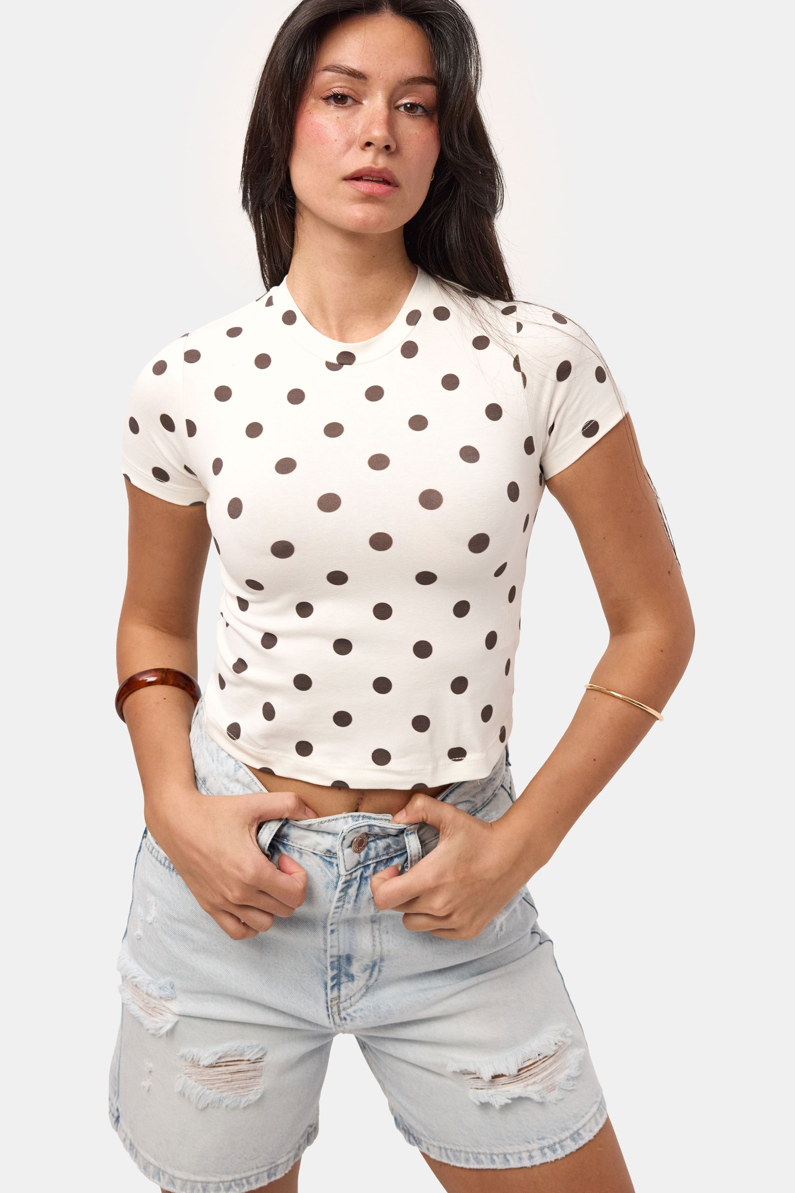 Kadın Ekru Puantiyeli s6-101 Crop Fit T-Shirt