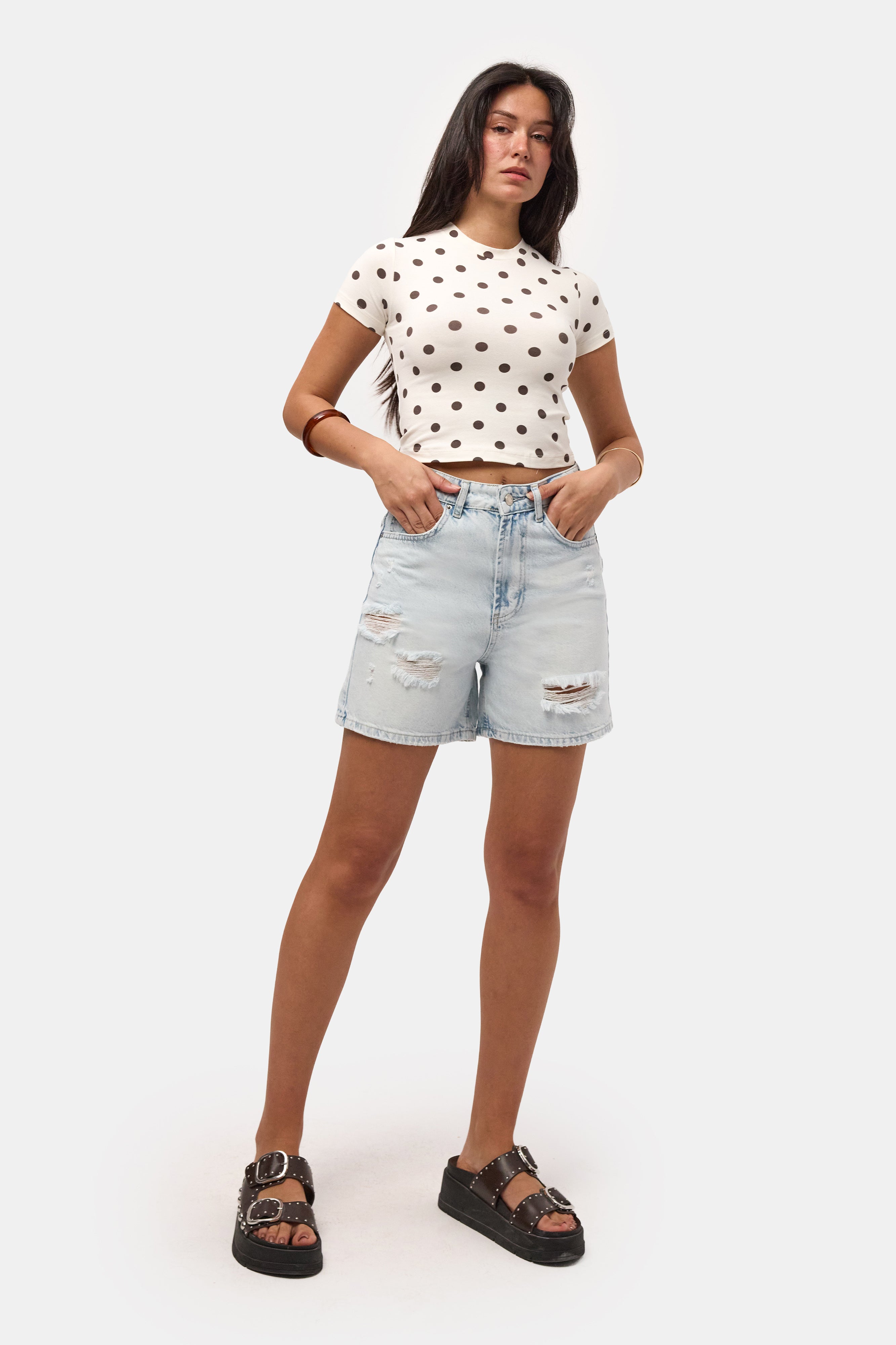 Kadın Ekru Puantiyeli s6-101 Crop Fit T-Shirt