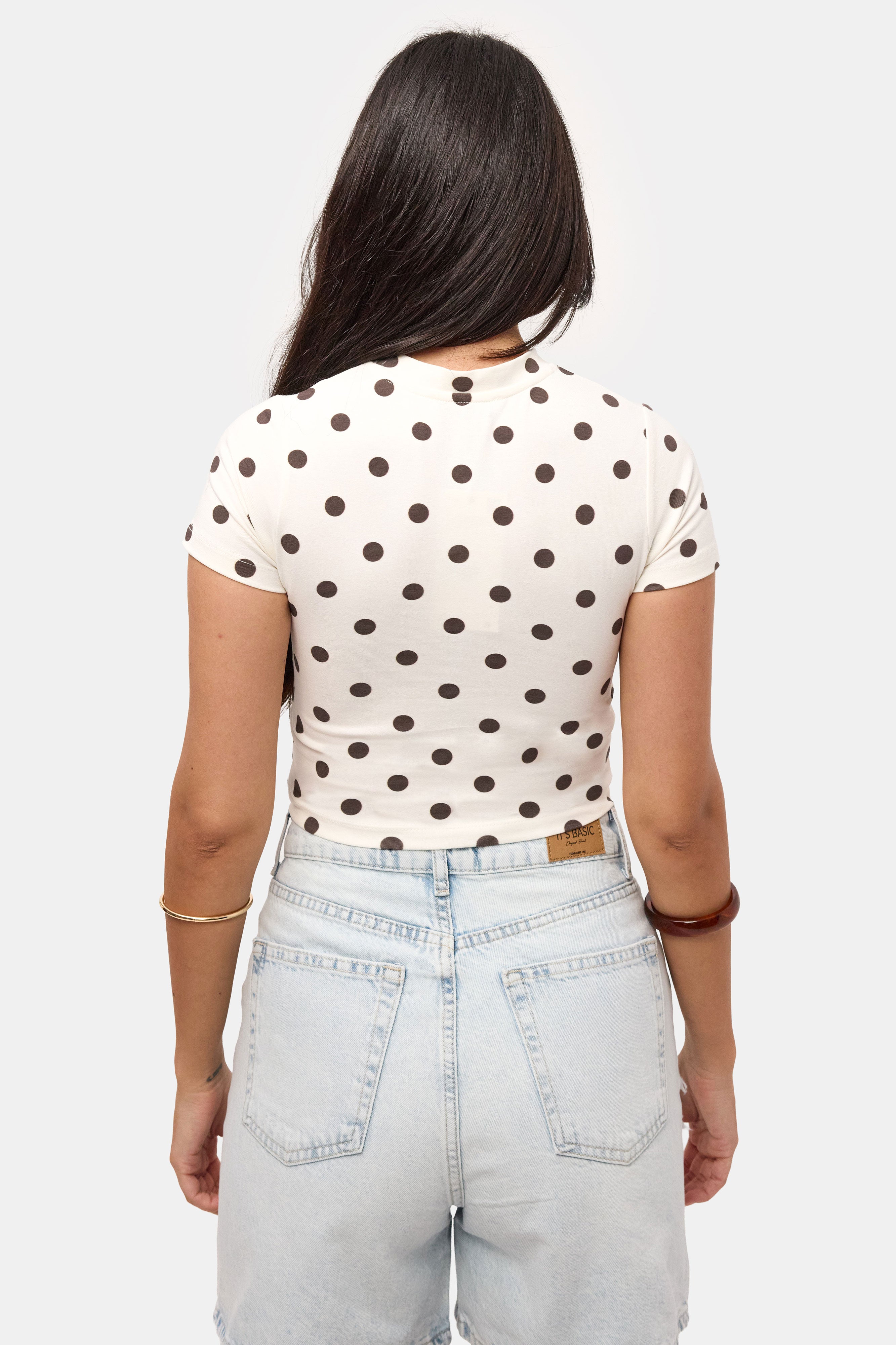 Kadın Ekru Puantiyeli s6-101 Crop Fit T-Shirt