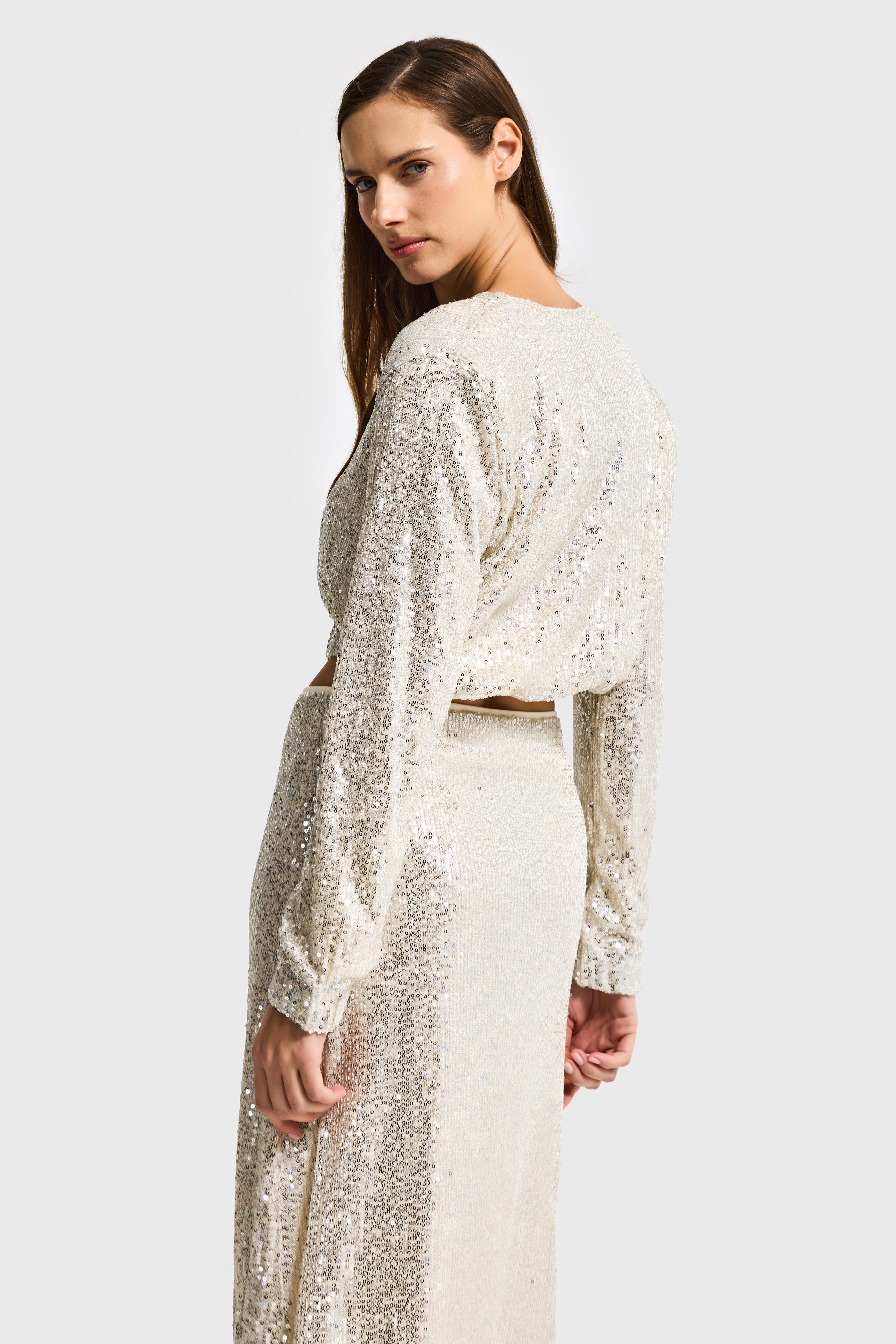 Kadın Ekru Pul Payet Detaylı Tasarım Fermuarlı Ceket