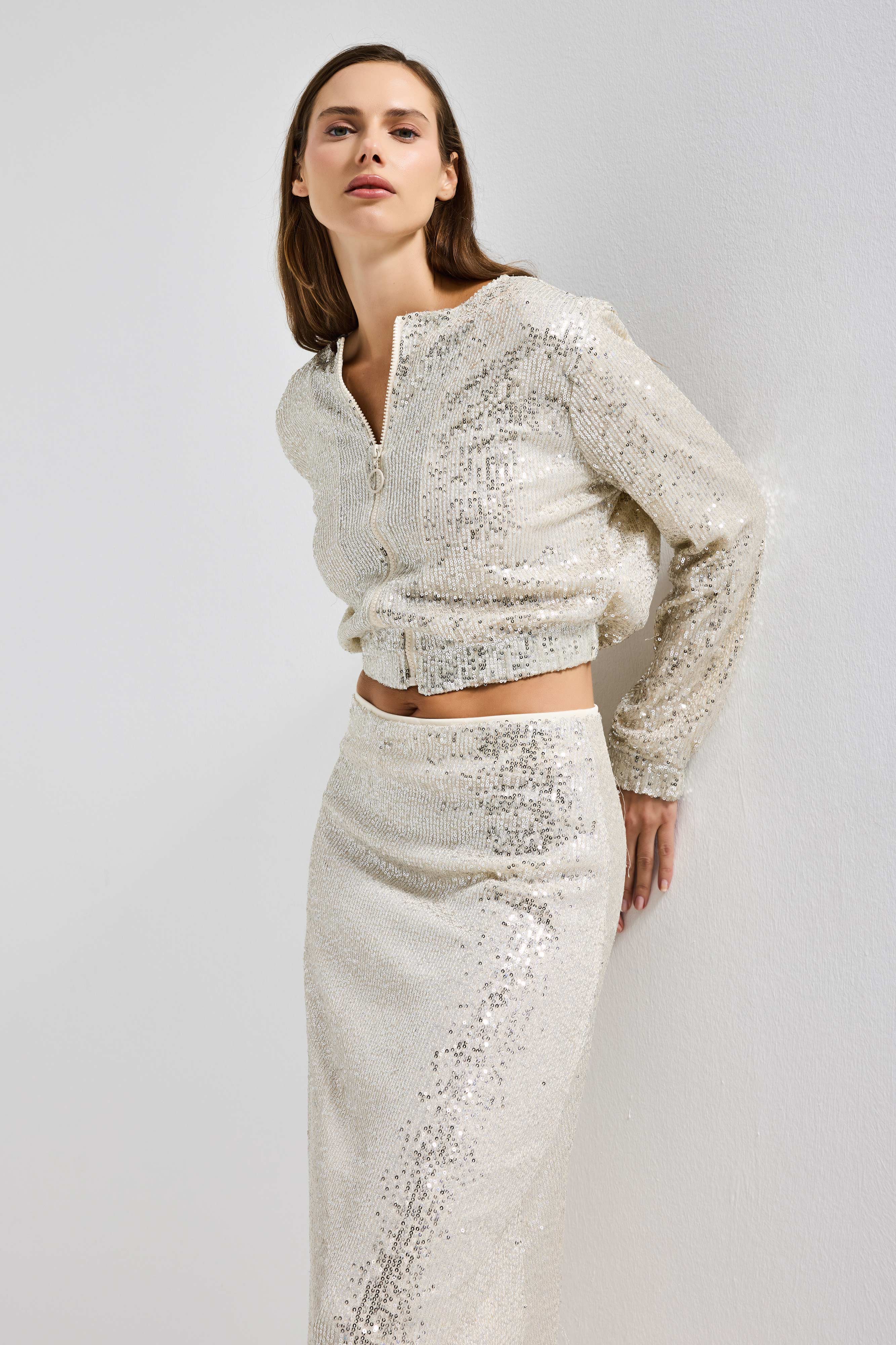 Kadın Ekru Pul Payet Detaylı Tasarım Fermuarlı Ceket