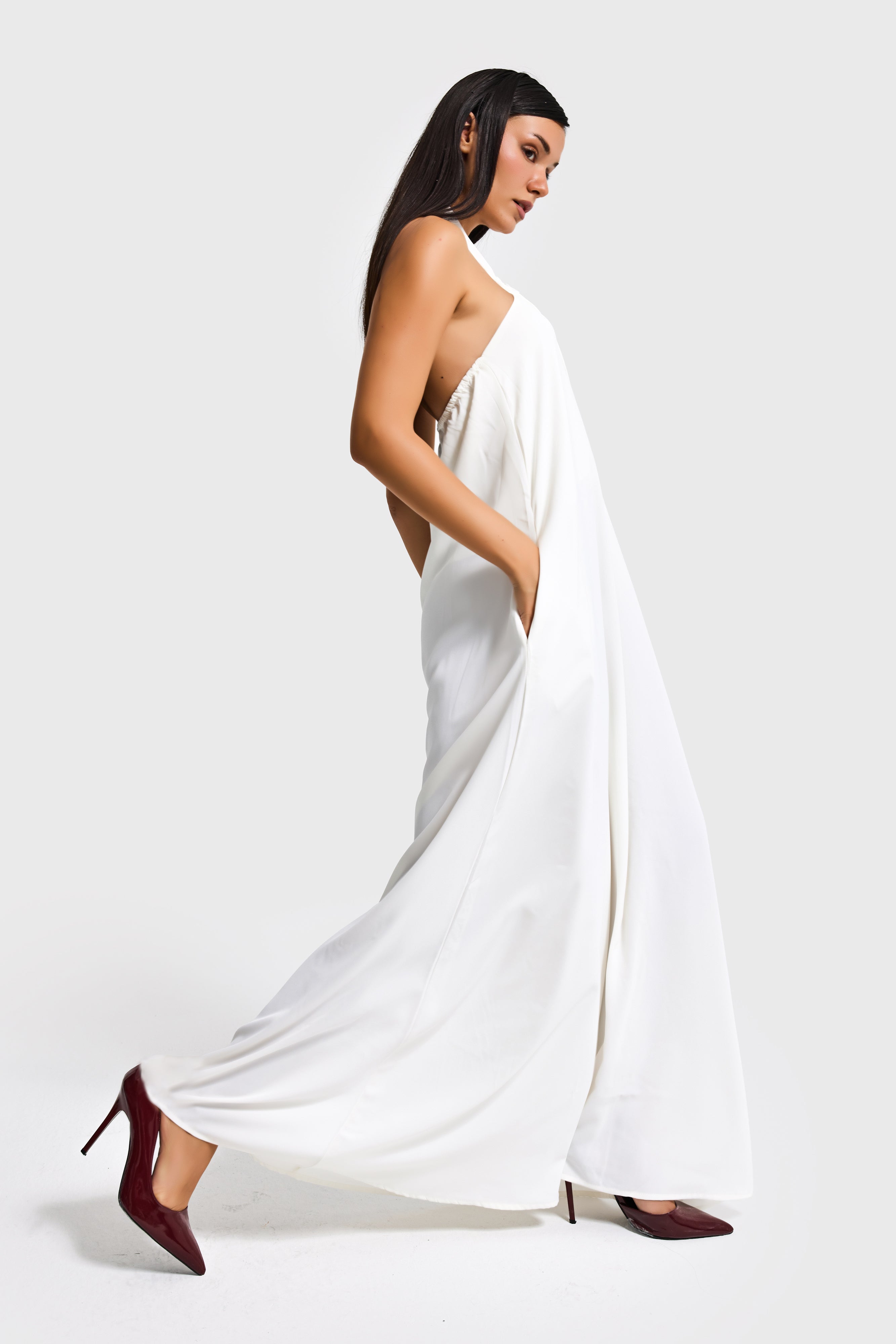 Kadın Ekru Renk Bol Kesim Kravat Detaylı Boyundan Bağlamalı Tasarım Elbise