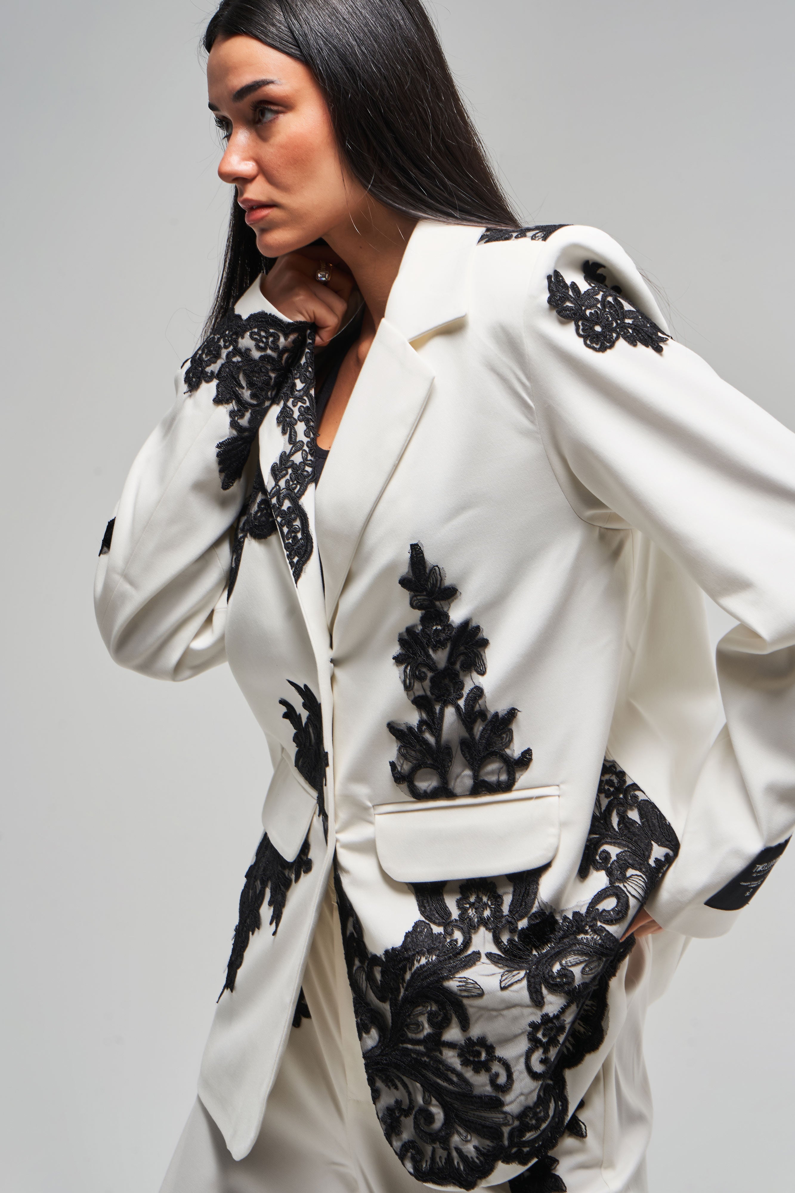 Women's Ecru Color Lace Double Breasted Design Jacket