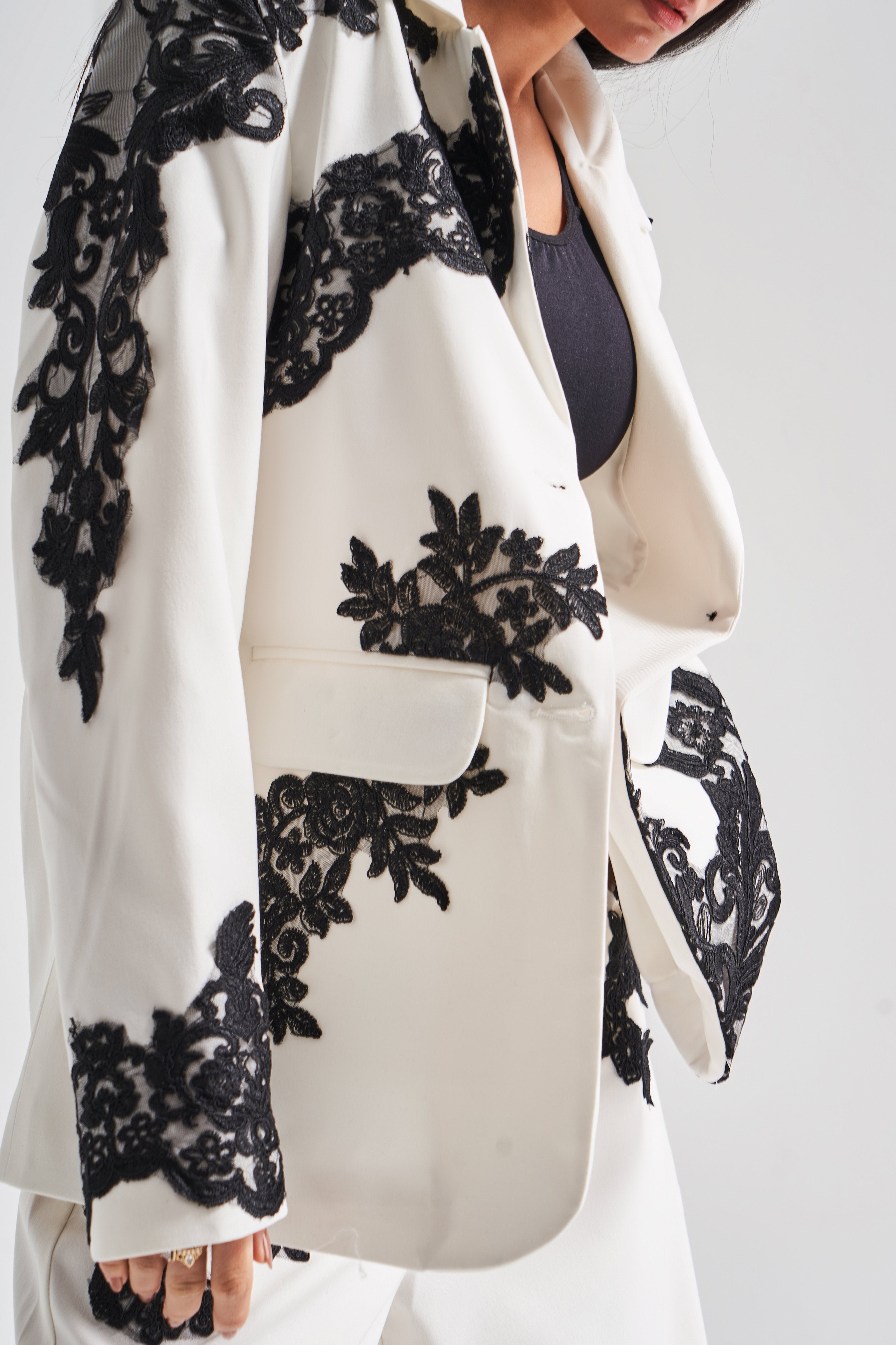 Women's Ecru Color Lace Double Breasted Design Jacket