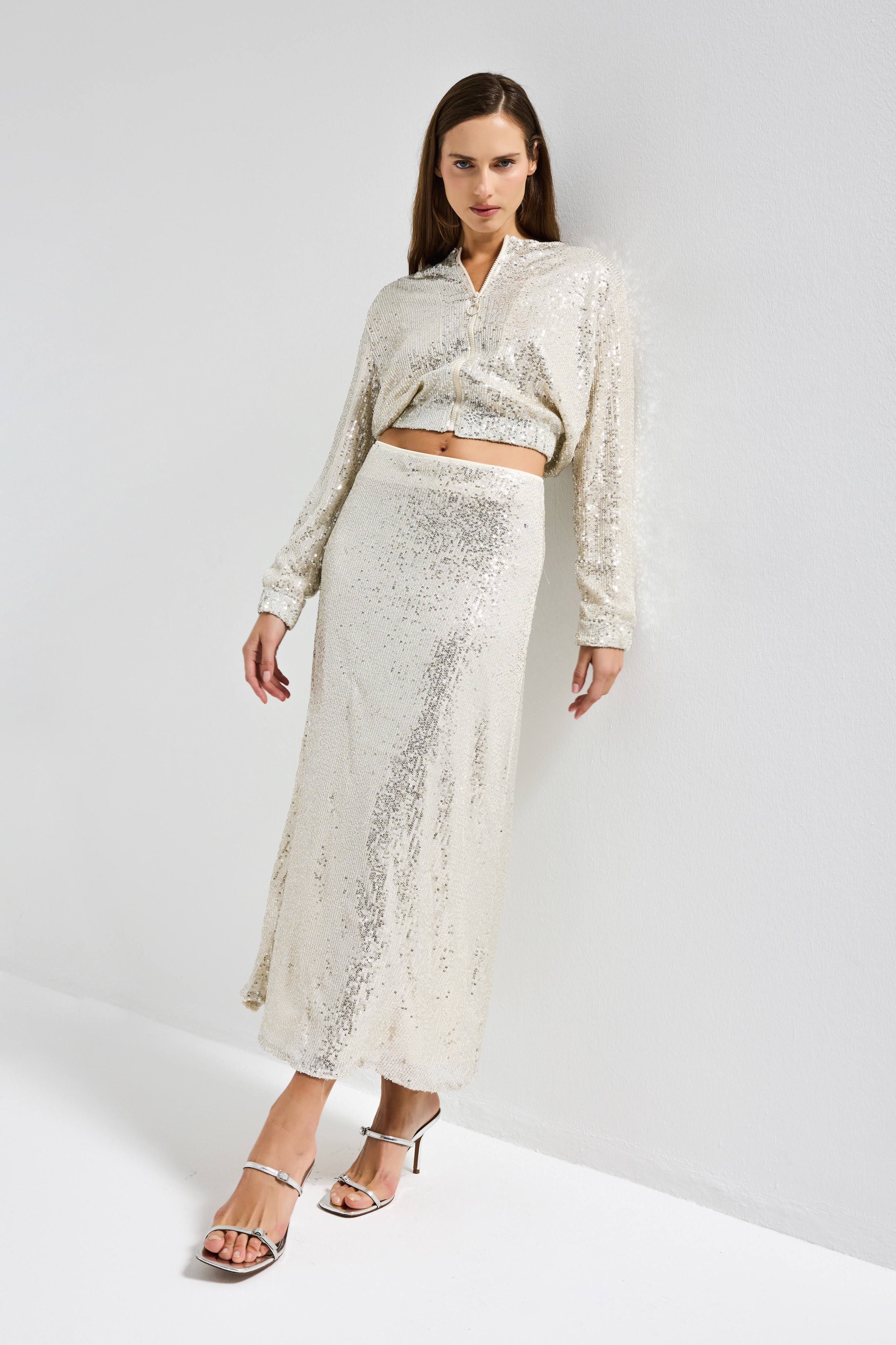 Kadın Ekru Renk Maxi Boy Pul Payetli Tasarım Etek