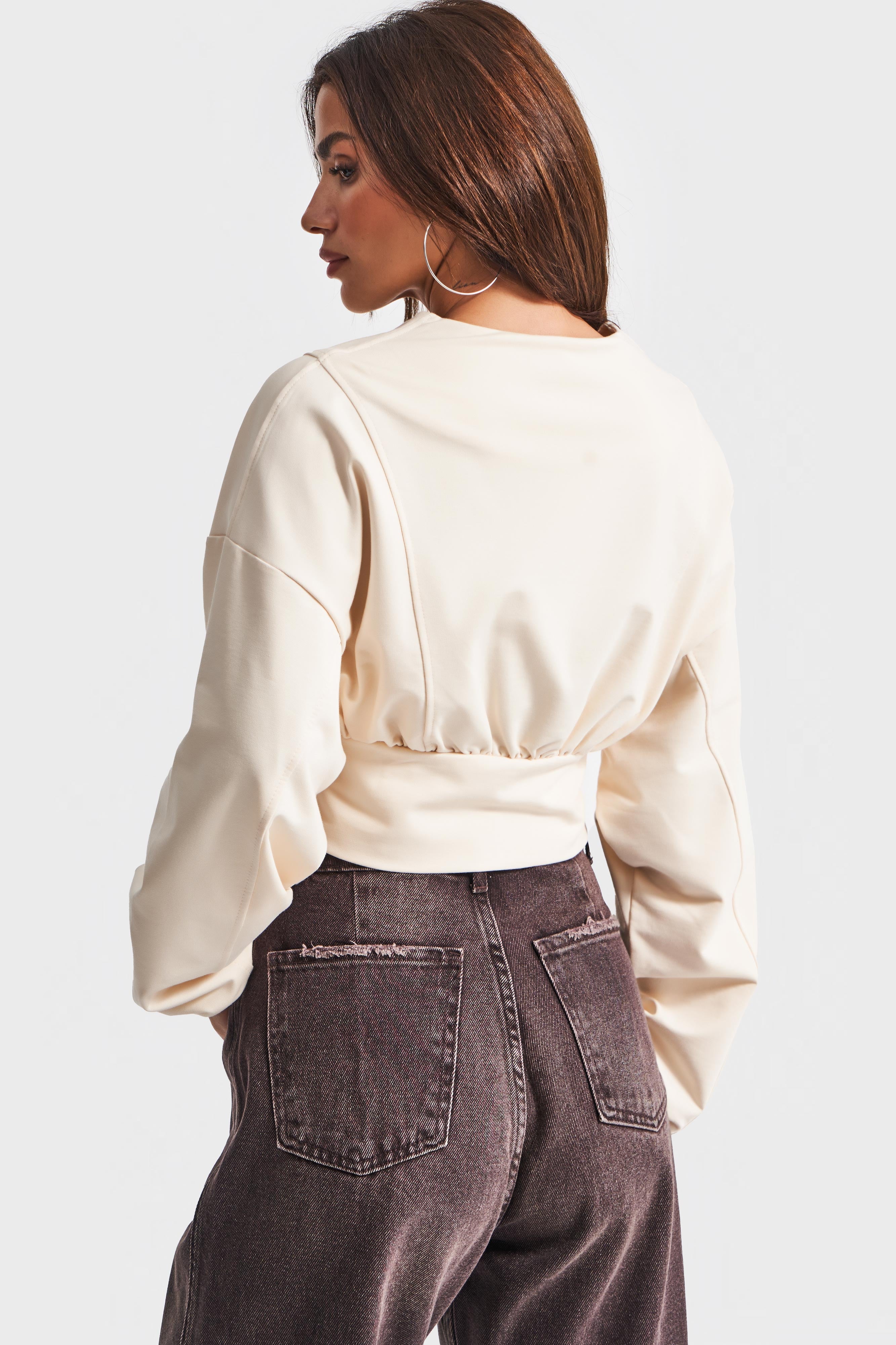 Kadın Ekru Renk w5-57 Bol Kesim Örme Esnek Kumaş Oversize Fermuarlı Sweatshirt