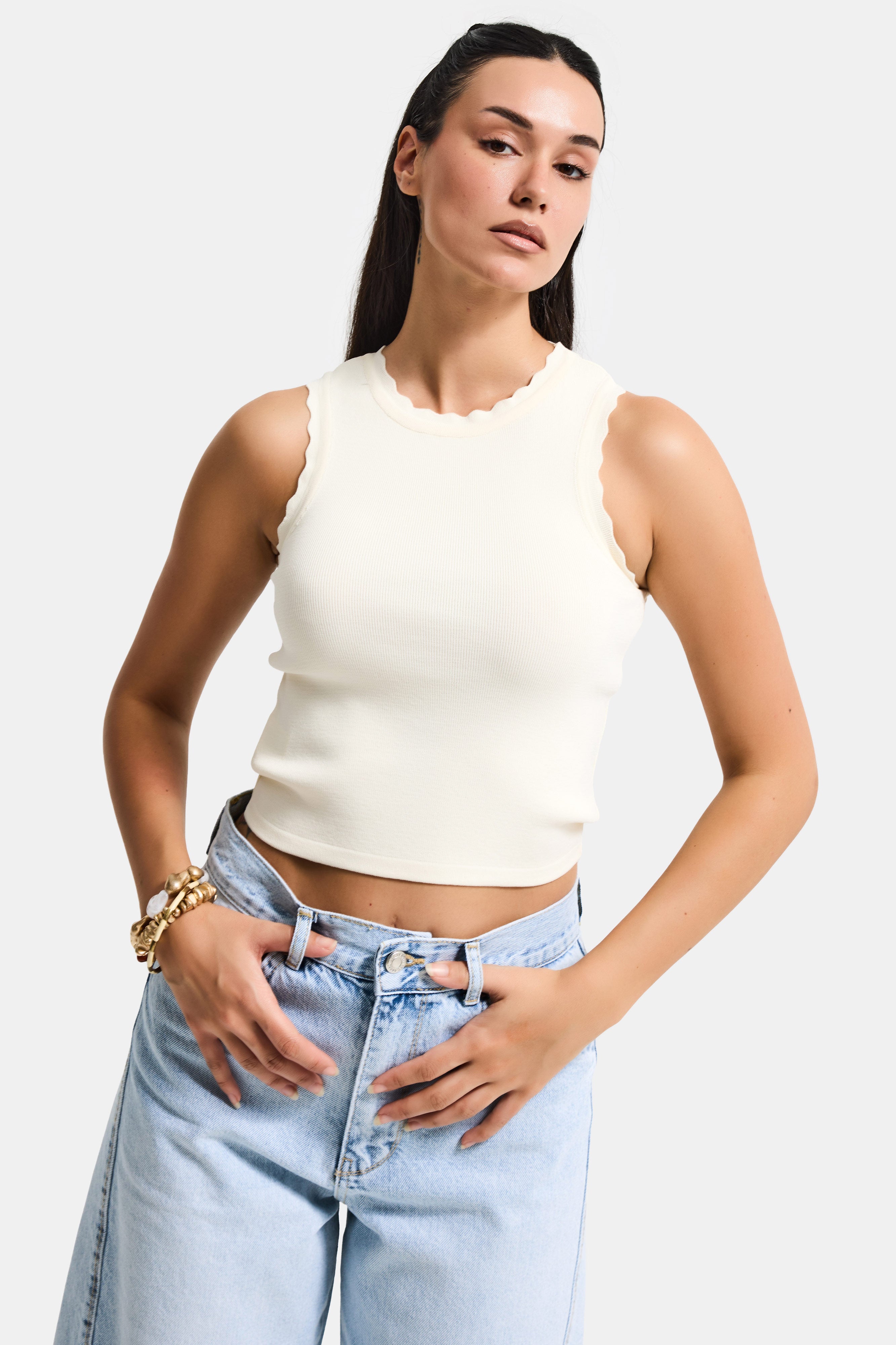 Kadın Ekru s6-101 Crop İnce Yazlık Triko Body