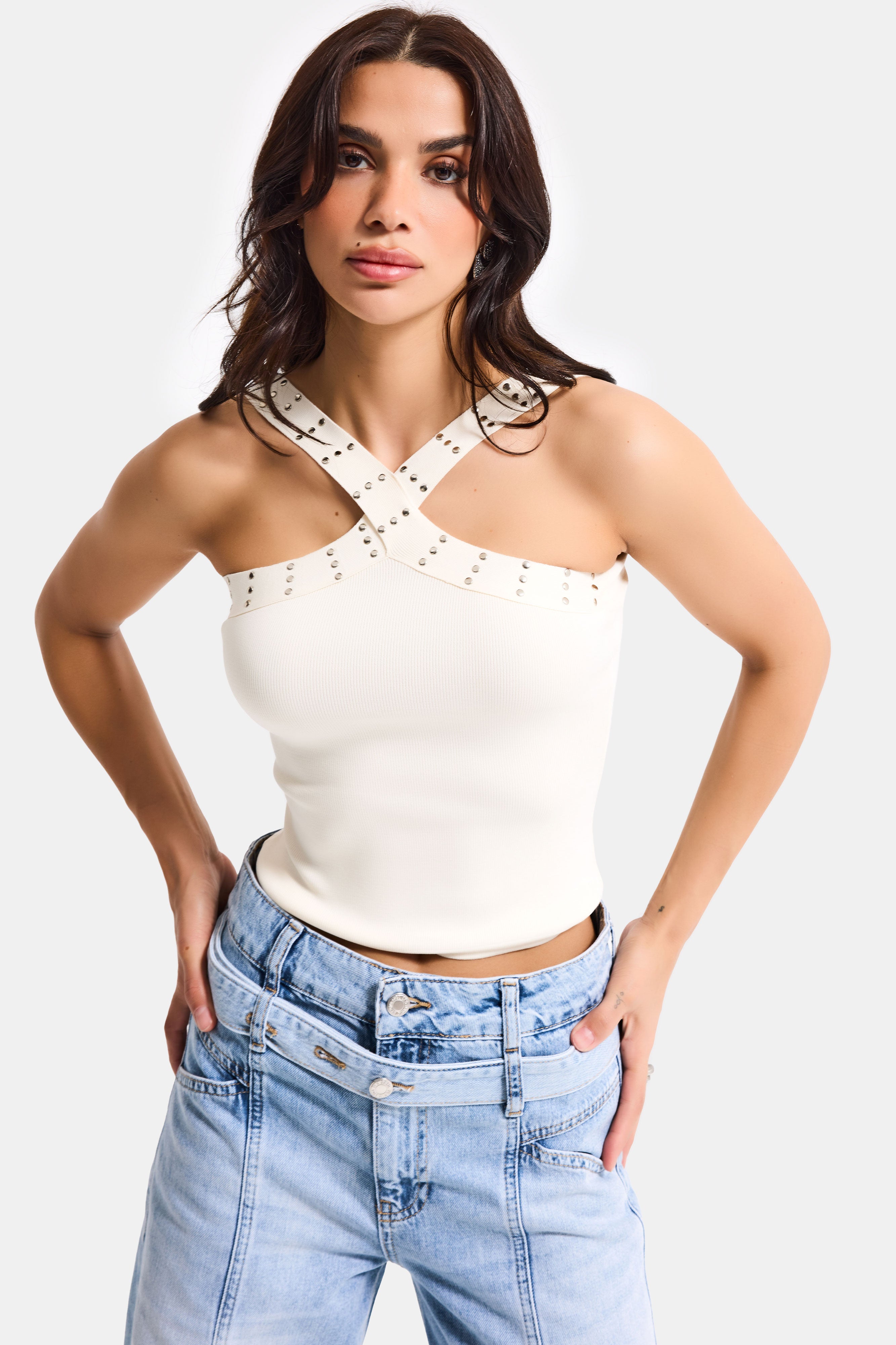 Kadın Ekru s6-101 Crop Parlak Taş Detaylı Boyundan Askılı Tasarım Body