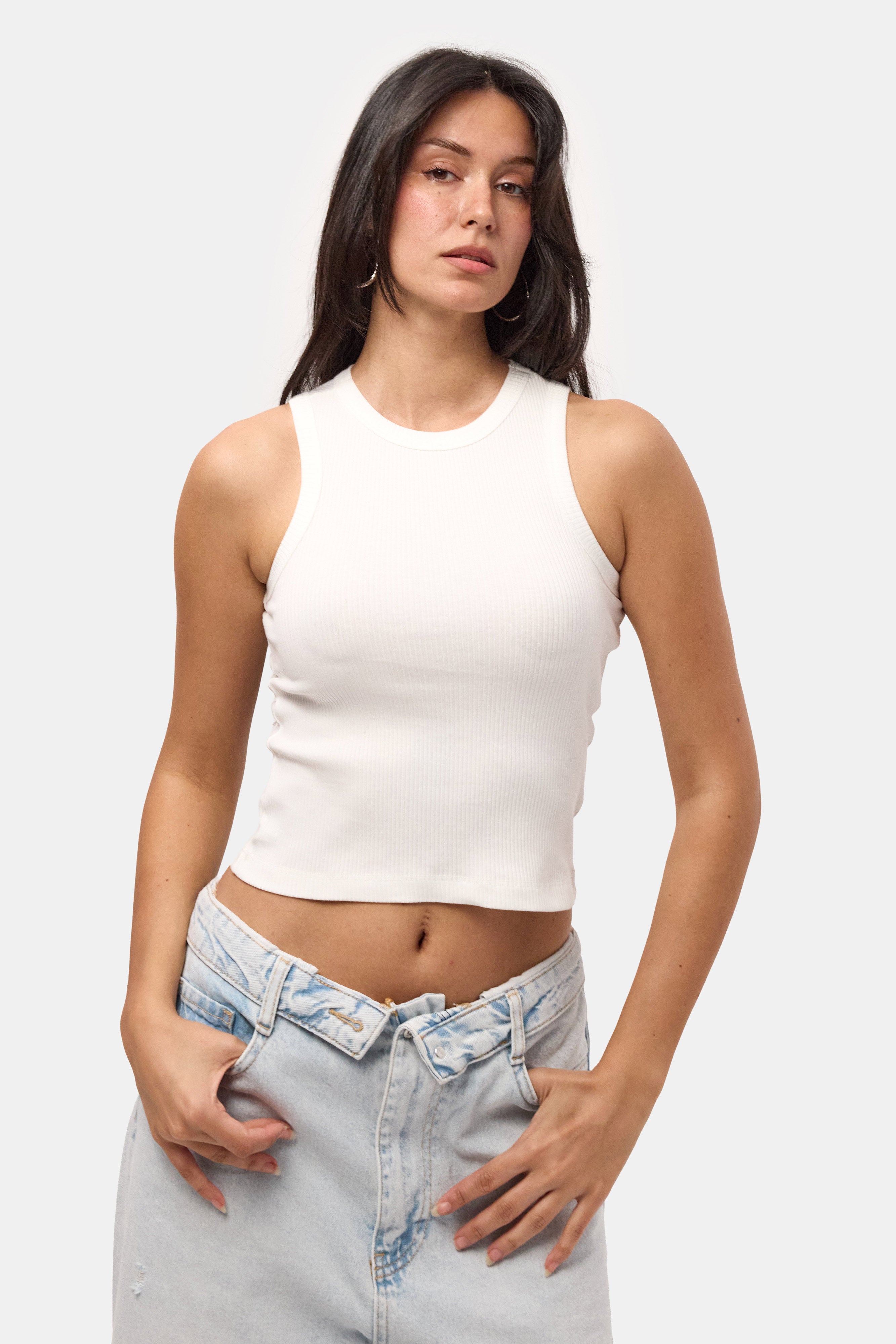 Kadın Ekru s6-101 Sıfır Kol Esnek Kumaş Crop Top