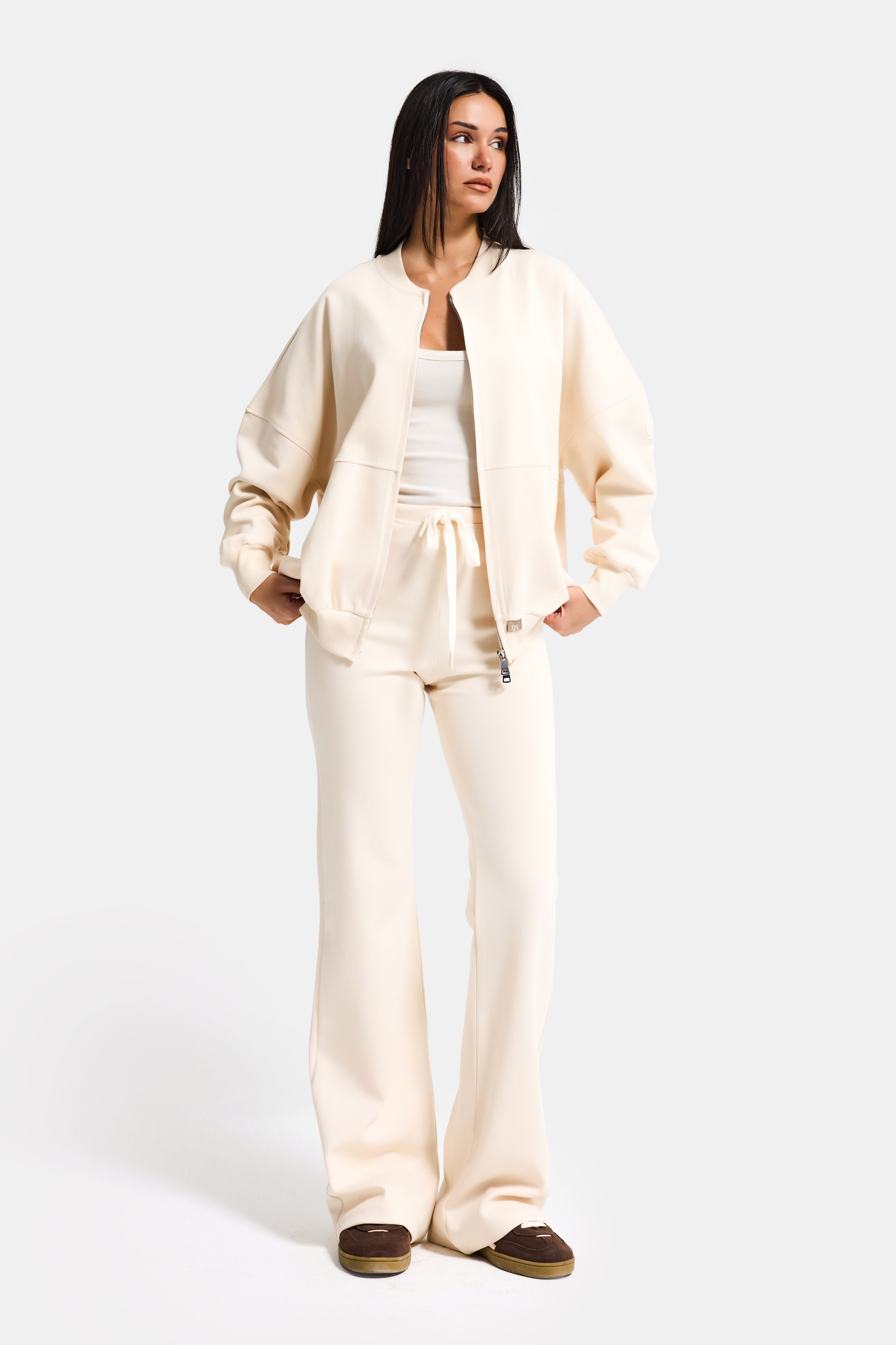 Kadın Ekru s6-105 Alt Üst Sweatshirt Polar Yürüyüş Pantolonu 2'li Tasarım Takım