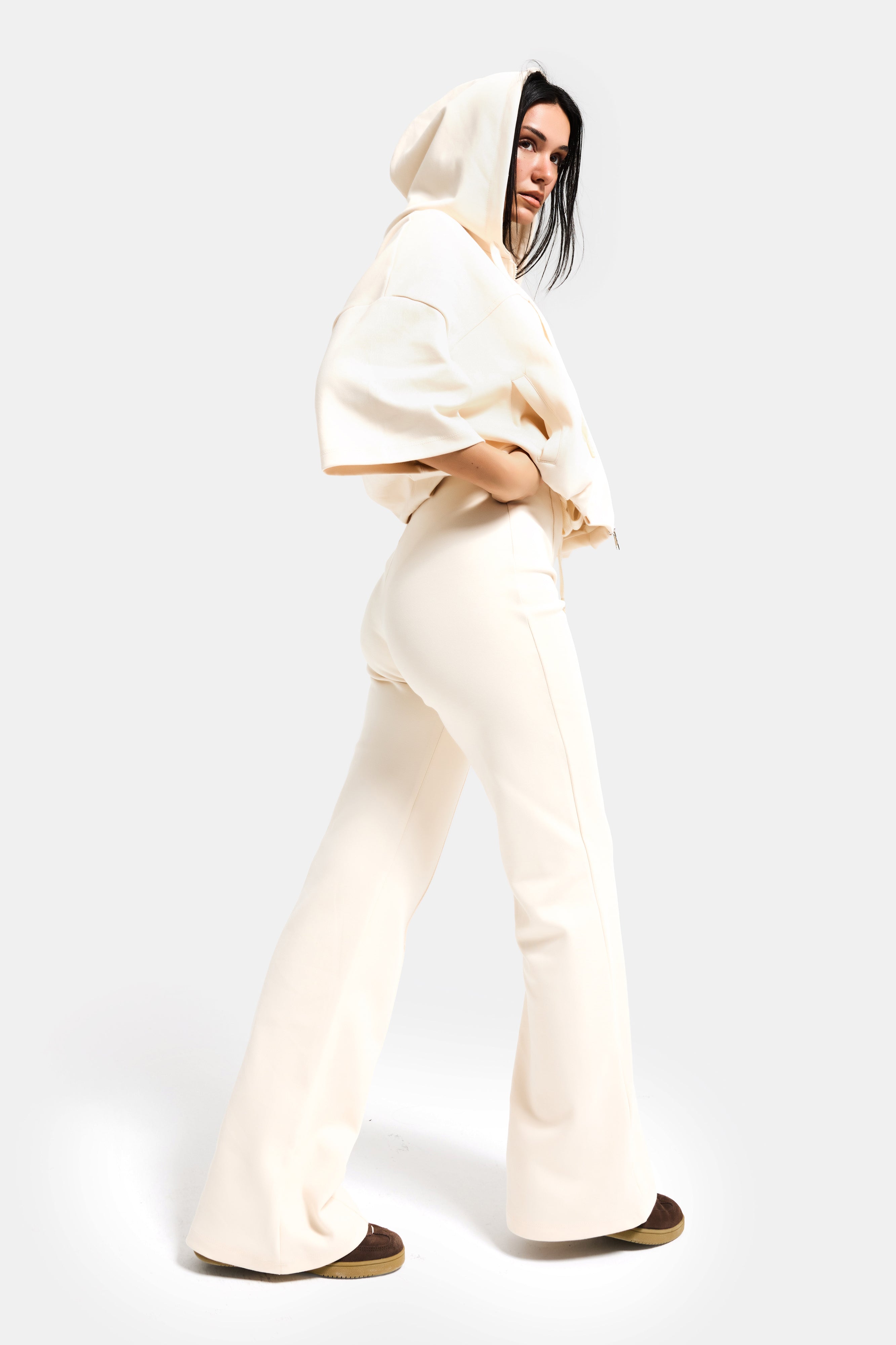 Kadın Ekru s6-105 Alt Üst Sweatshirt Yürüyüş Pantolonu 2'li Kombin Takım