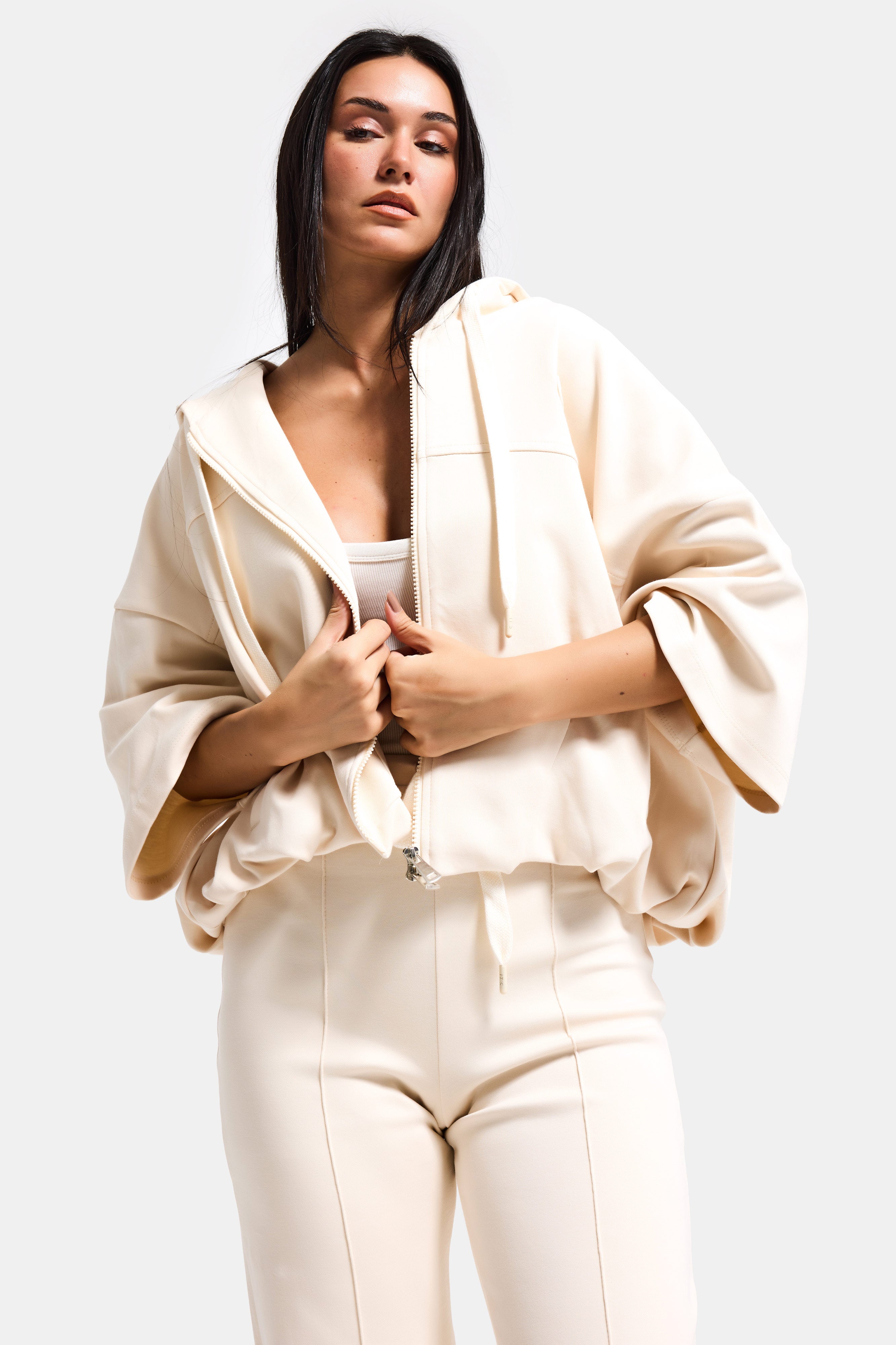 Kadın Ekru s6-105 Alt Üst Sweatshirt Yürüyüş Pantolonu 2'li Kombin Takım