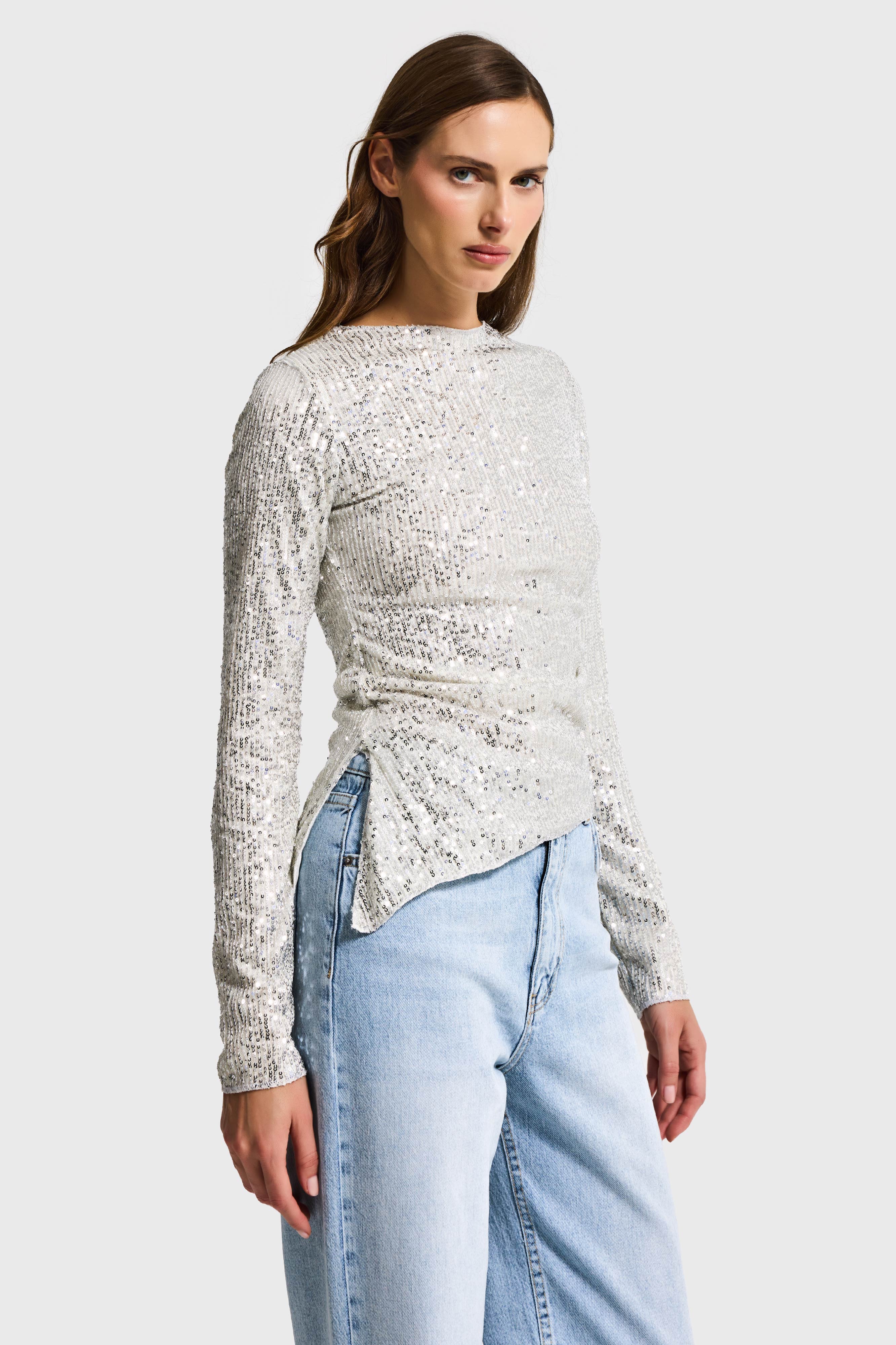 Kadın Ekru Silver Renk Pul Payet Detaylı İçi Astarlı Tasarım Bluz
