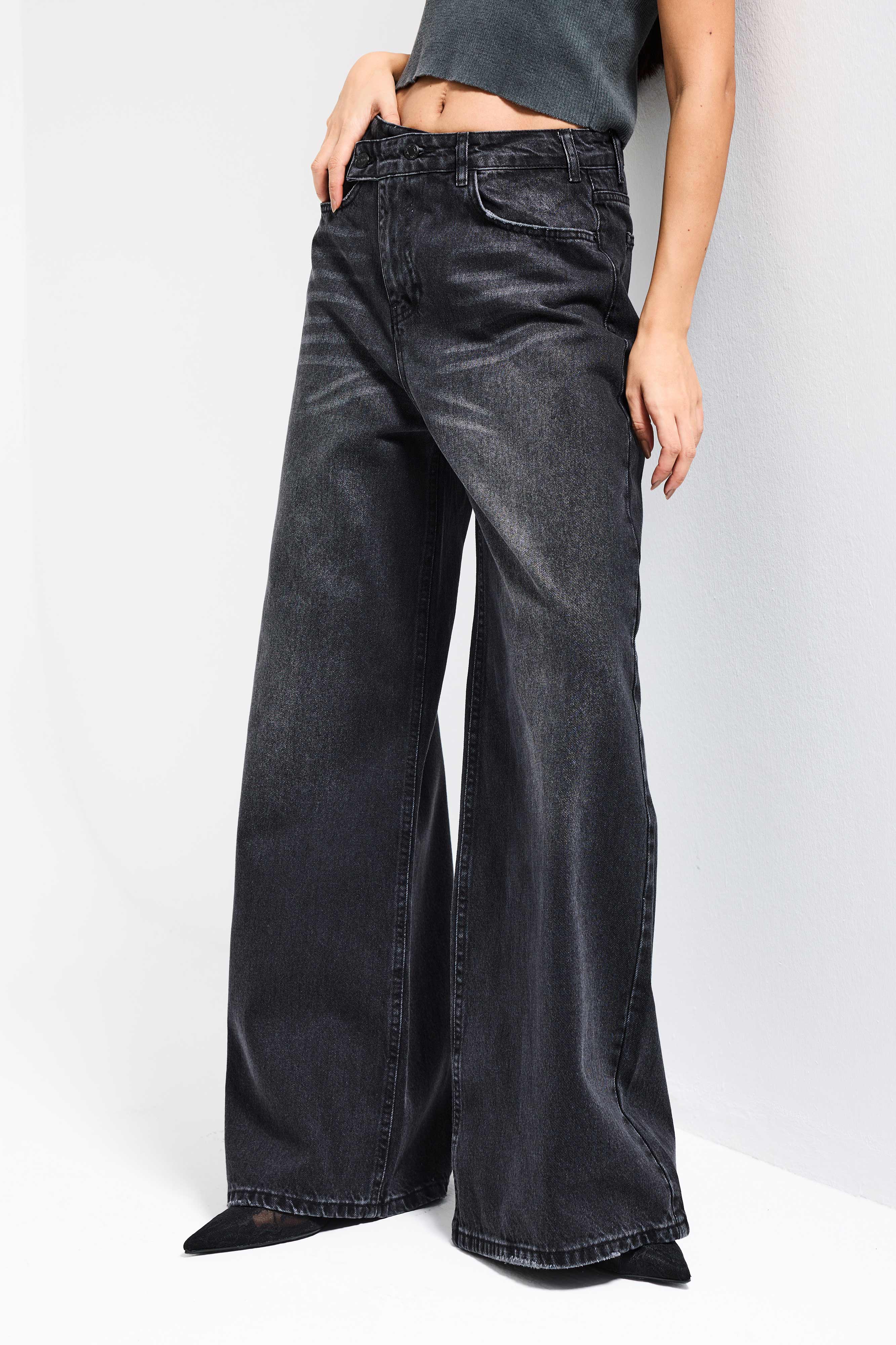 Kadın Füme 2s6-1 Mega Baggy Fit Kemer Detaylı Orta Bel Denim Jean