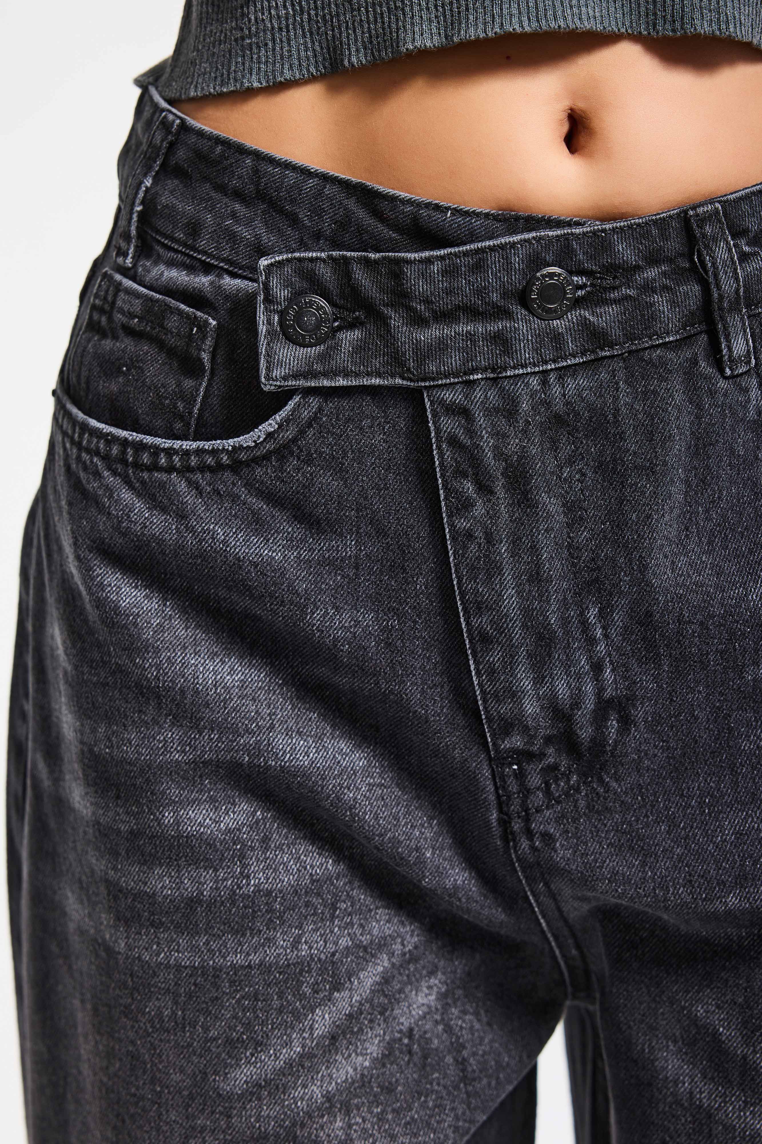 Kadın Füme 2s6-1 Mega Baggy Fit Kemer Detaylı Orta Bel Denim Jean