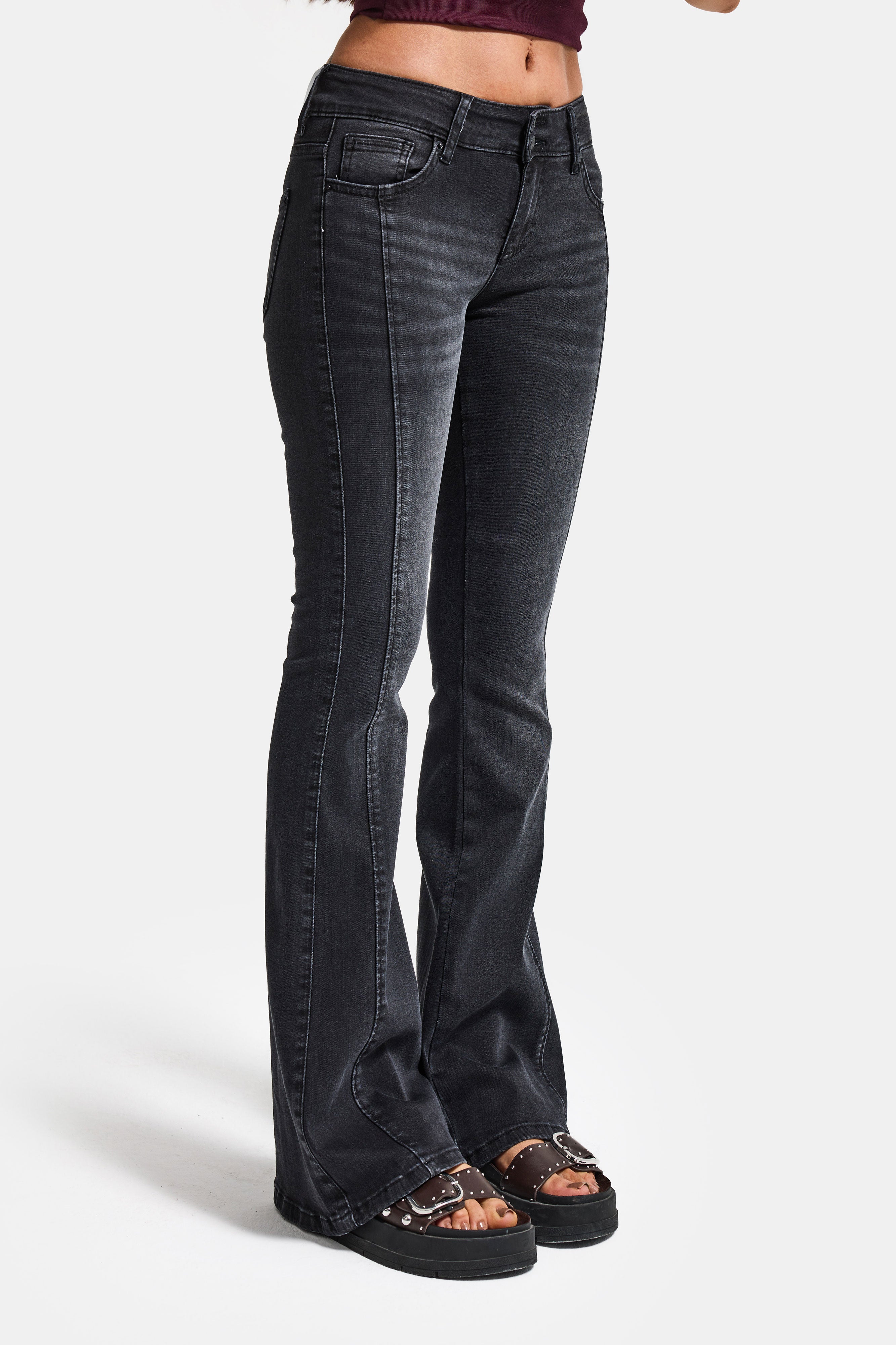 Kadın Füme 2s6-1 Mid Rise Flare Fit Kemer Detaylı Esnek Kumaş Denim Jean