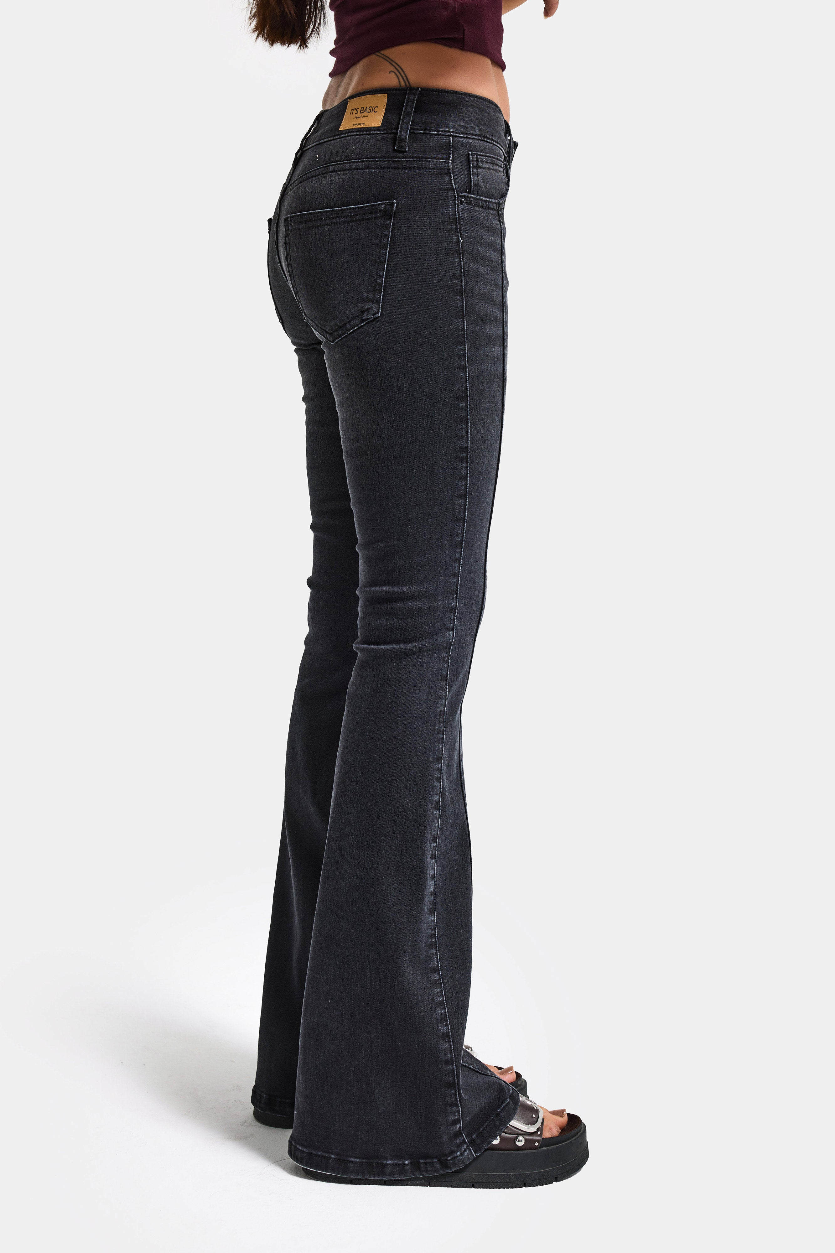 Kadın Füme 2s6-1 Mid Rise Flare Fit Kemer Detaylı Esnek Kumaş Denim Jean