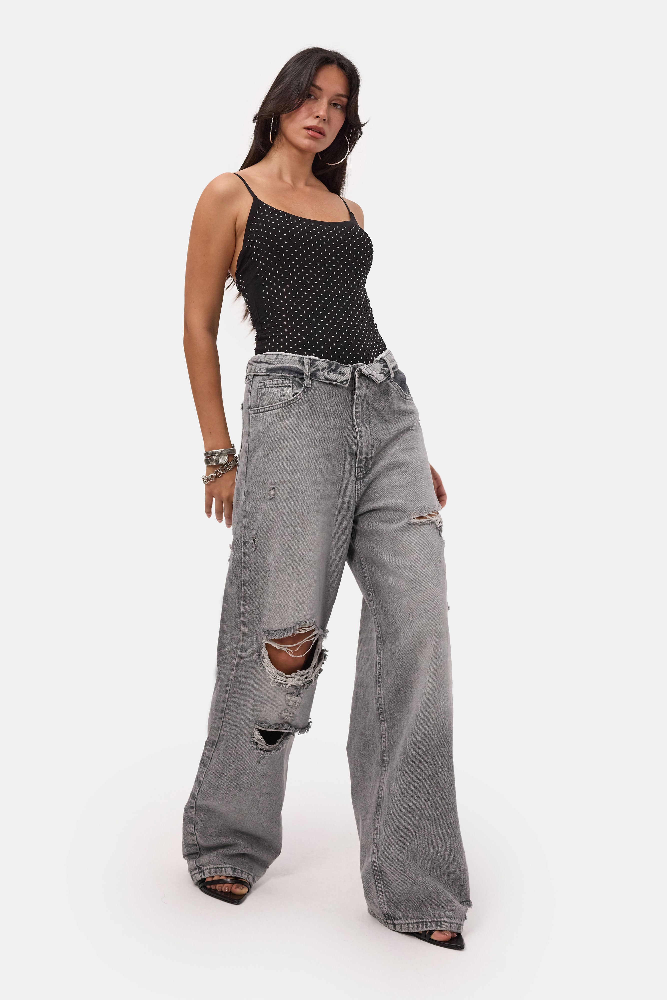 Kadın Füme 12s6-12 Straight Fit Kemer Detaylı Özel Tasarım Denim Jean