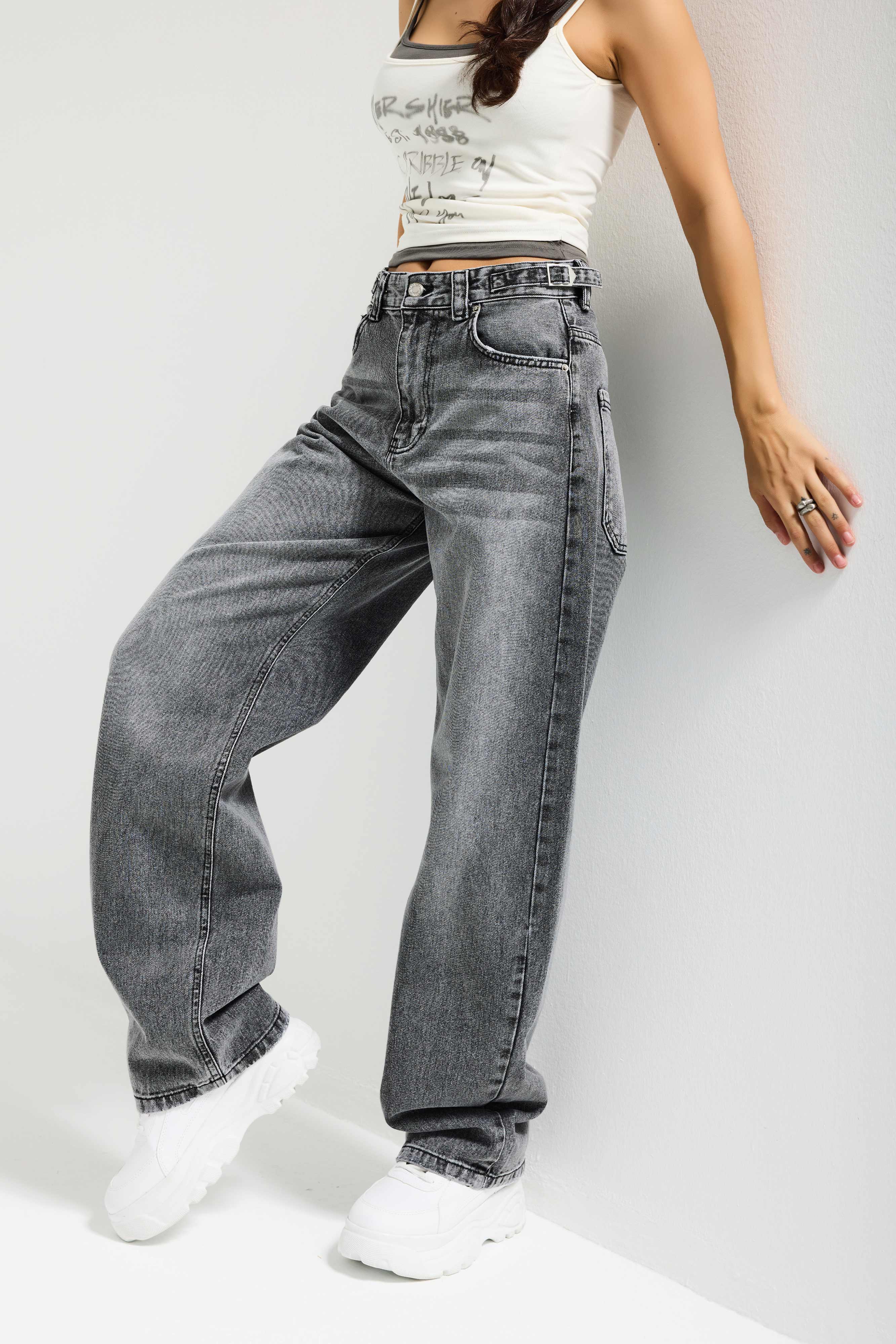 Kadın Füme 4s6-13 Baggy Fit Bol Kesim %100 Koton Denim Jean