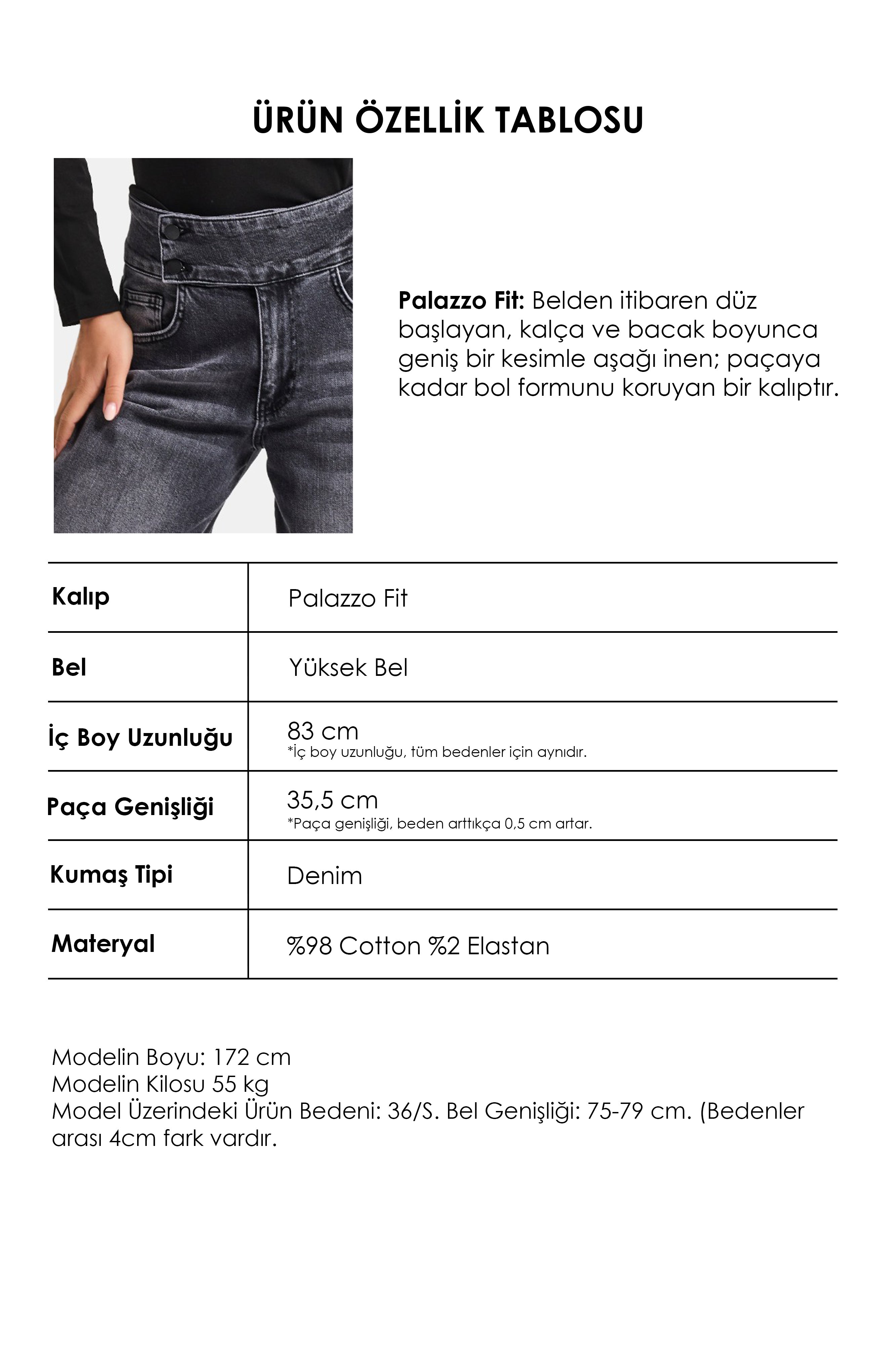 Kadın Füme 4s6-14 Palazzo Fit Kemer Detaylı Elastan Kumaş Denim Jean