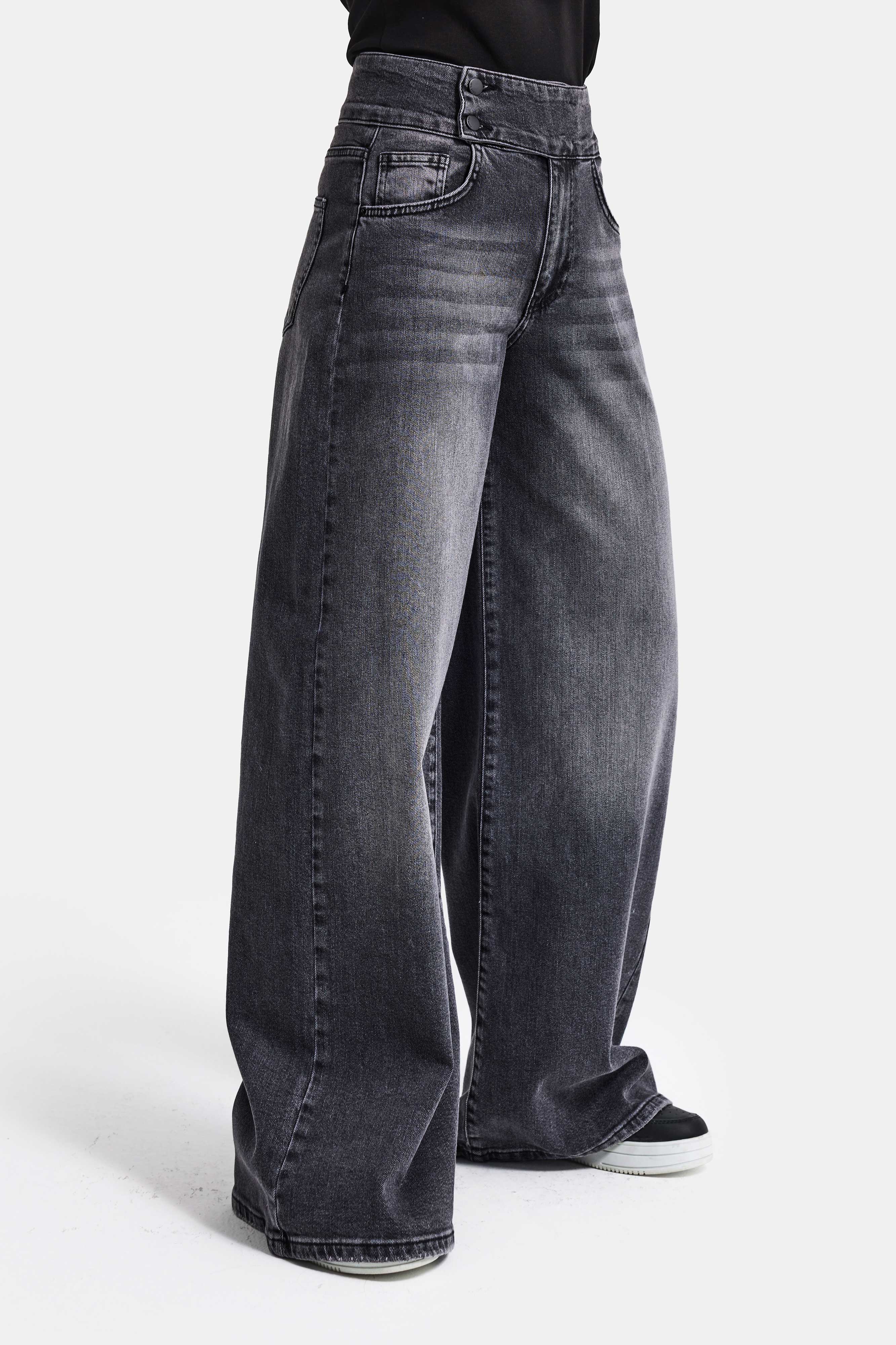 Kadın Füme 4s6-14 Palazzo Fit Kemer Detaylı Elastan Kumaş Denim Jean