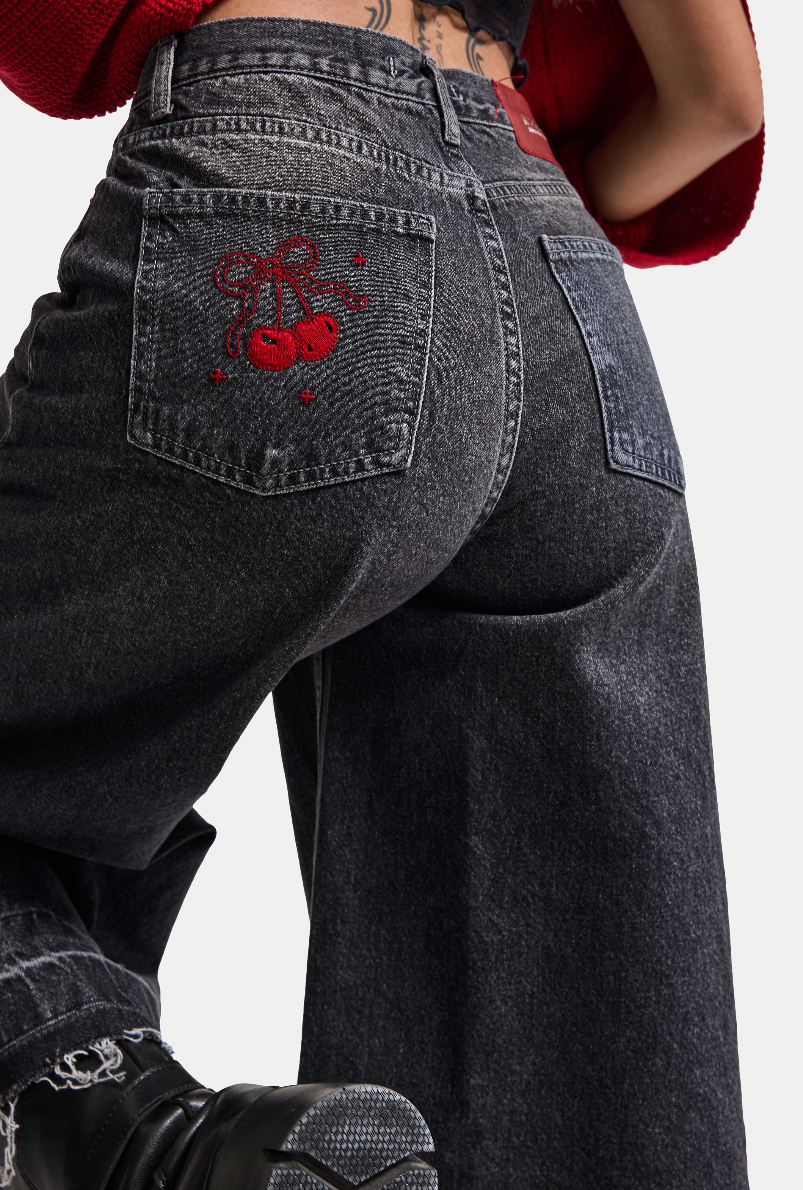 Kadın Füme 4w6-13 Culotte Fit Kiraz Nakış Detaylı Tasarım Denim Jean
