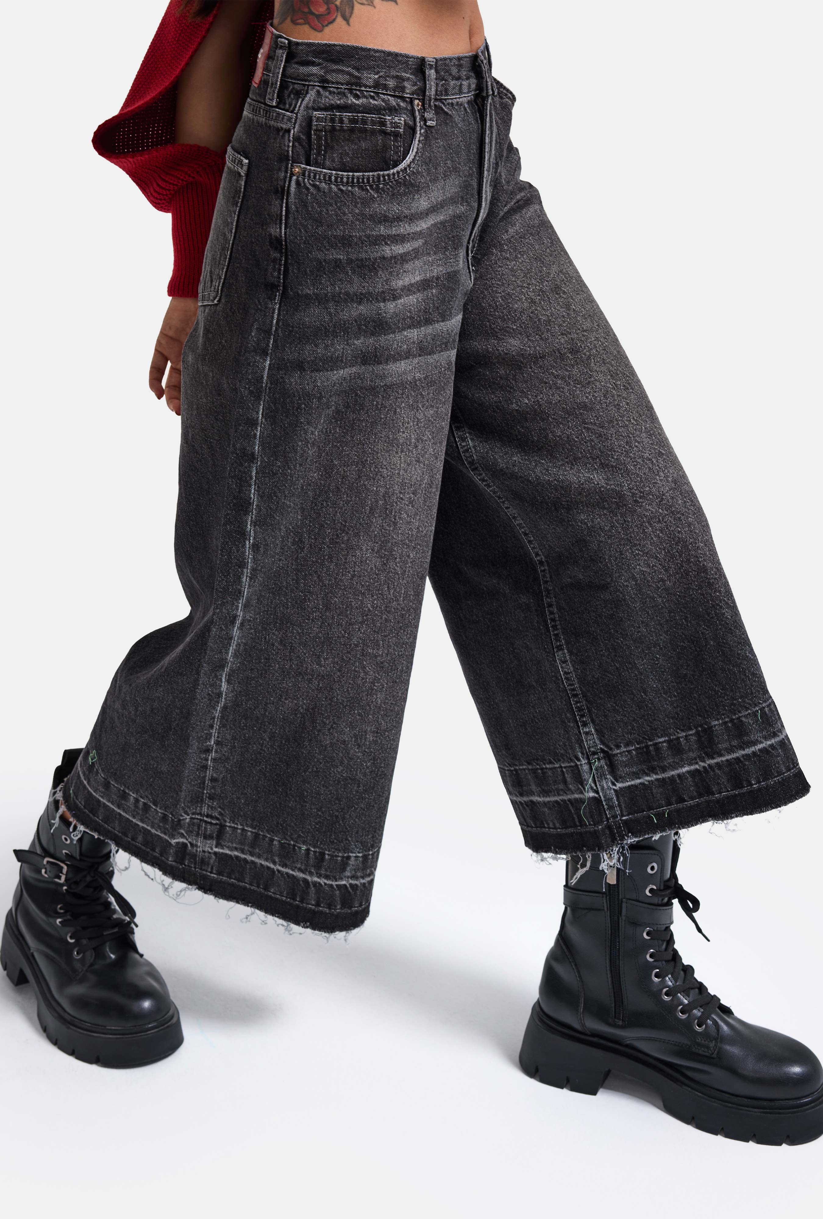 Kadın Füme 4w6-13 Culotte Fit Kiraz Nakış Detaylı Tasarım Denim Jean