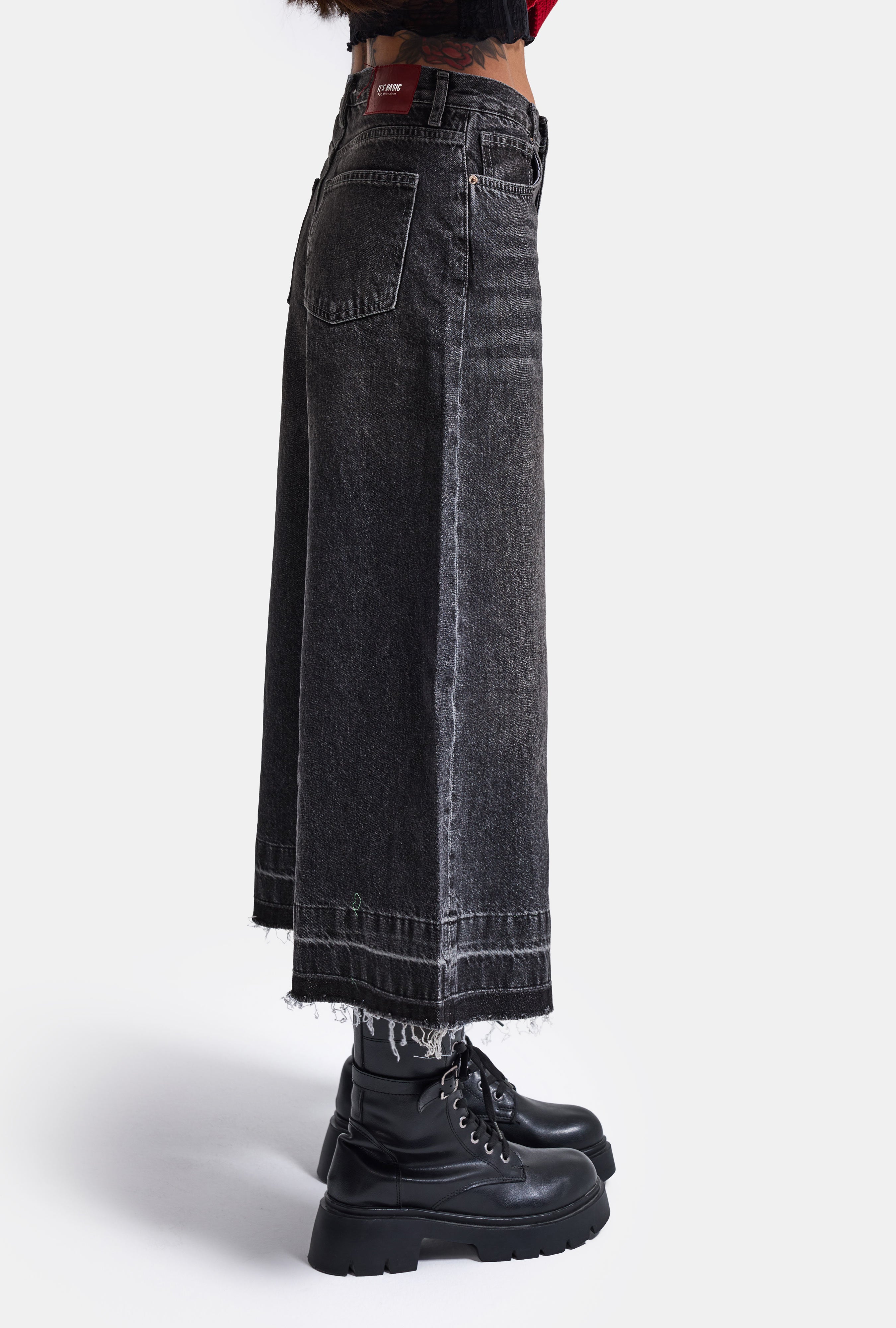 Kadın Füme 4w6-13 Culotte Fit Kiraz Nakış Detaylı Tasarım Denim Jean