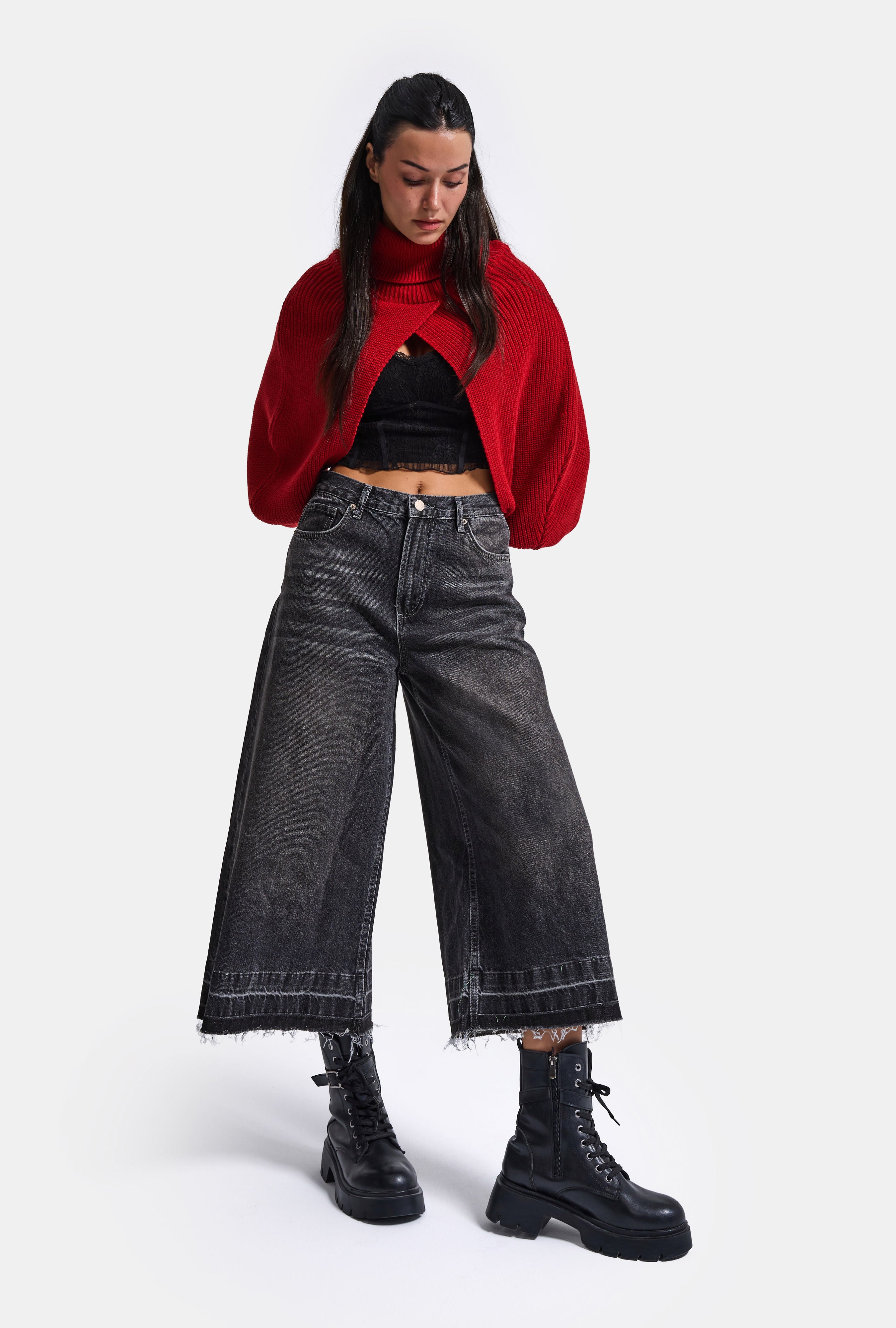 Kadın Füme 4w6-13 Culotte Fit Kiraz Nakış Detaylı Tasarım Denim Jean