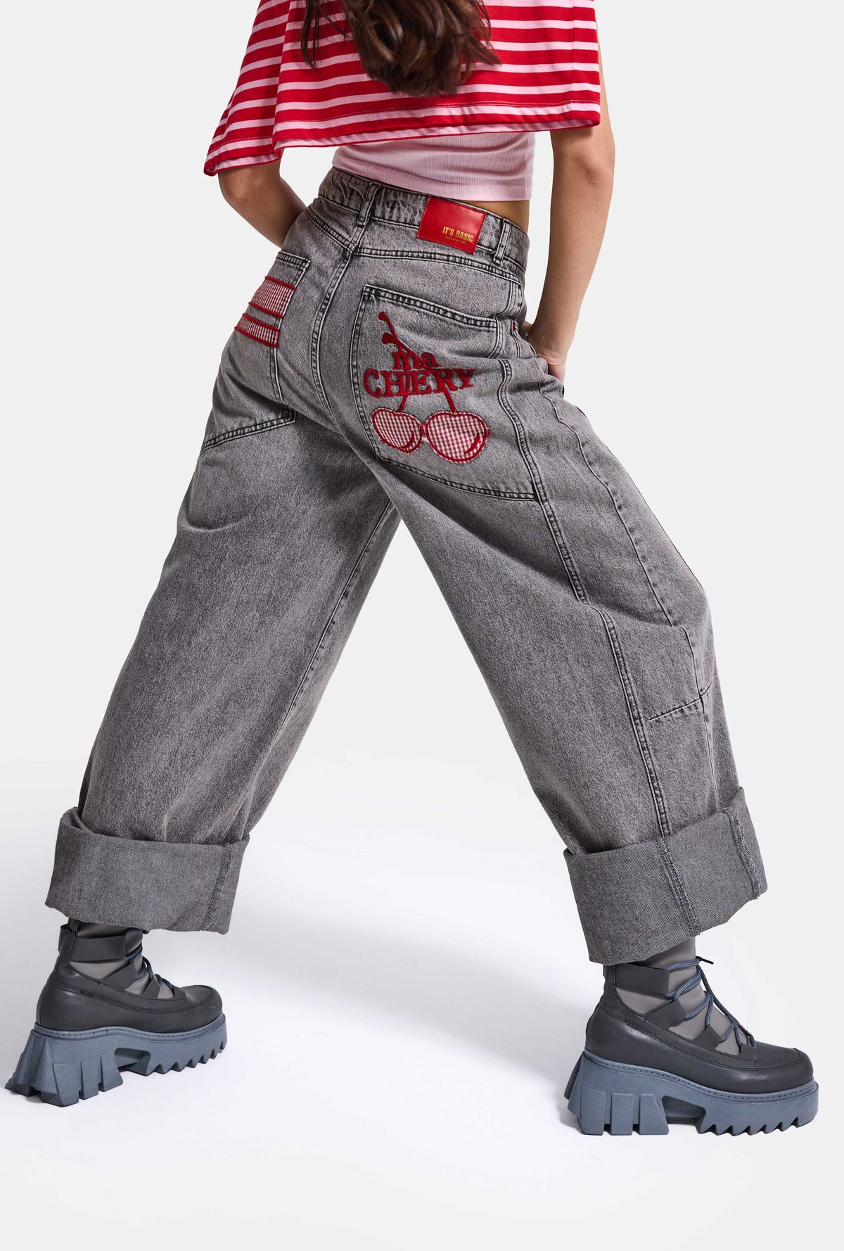 Kadın Füme 4w6-13 Mega Baggy TT18 Chery Nakış Özel Tasarım Denim Jean
