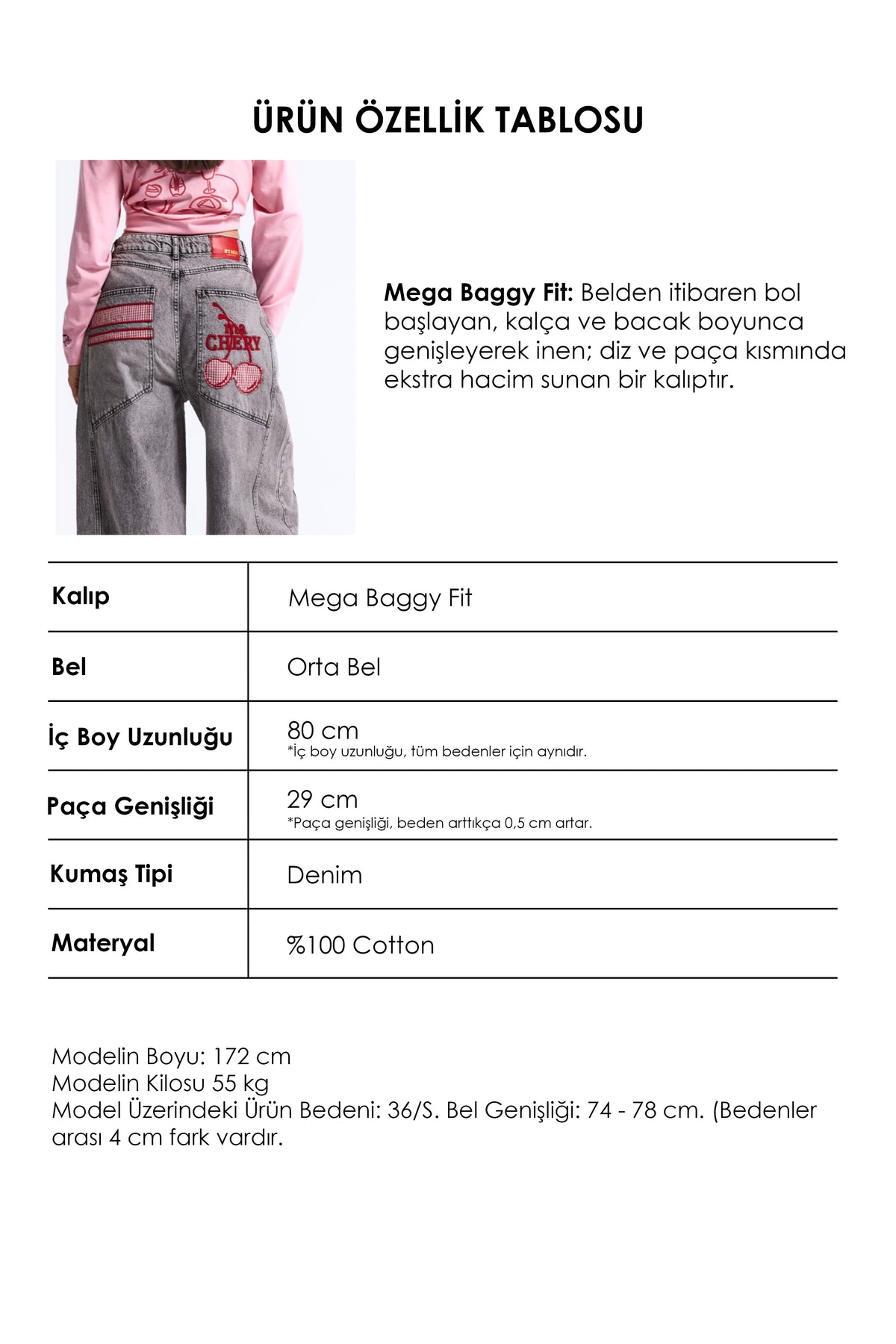 Kadın Füme 4w6-13 Mega Baggy TT18 Chery Nakış Özel Tasarım Denim Jean