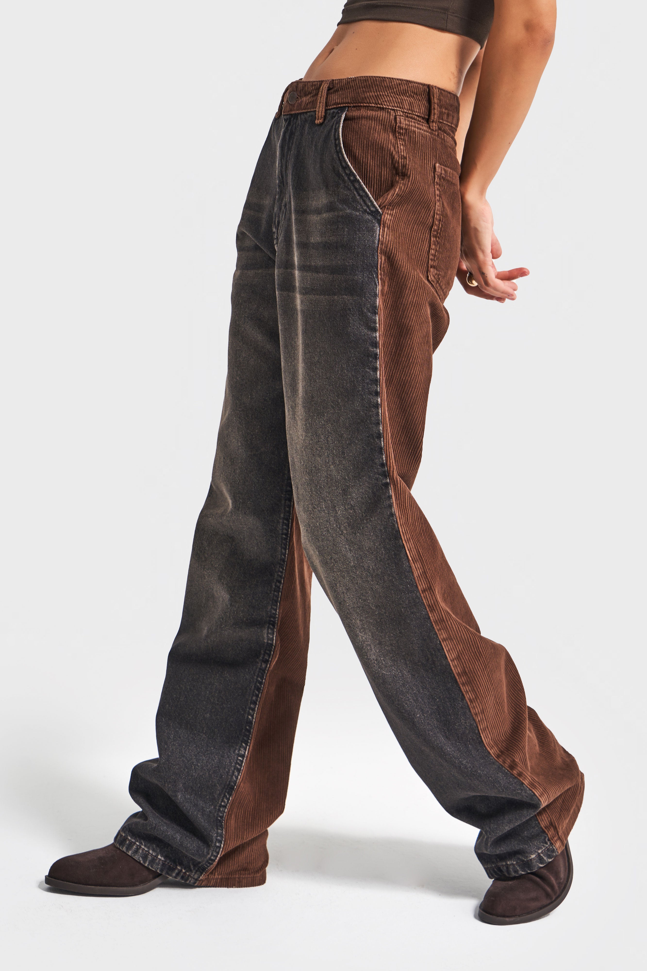 Kadın Füme Kahverengi 2w5-87 Loose Fit Denim Kadife Kumaş Parçalı Tasarım Pantolon