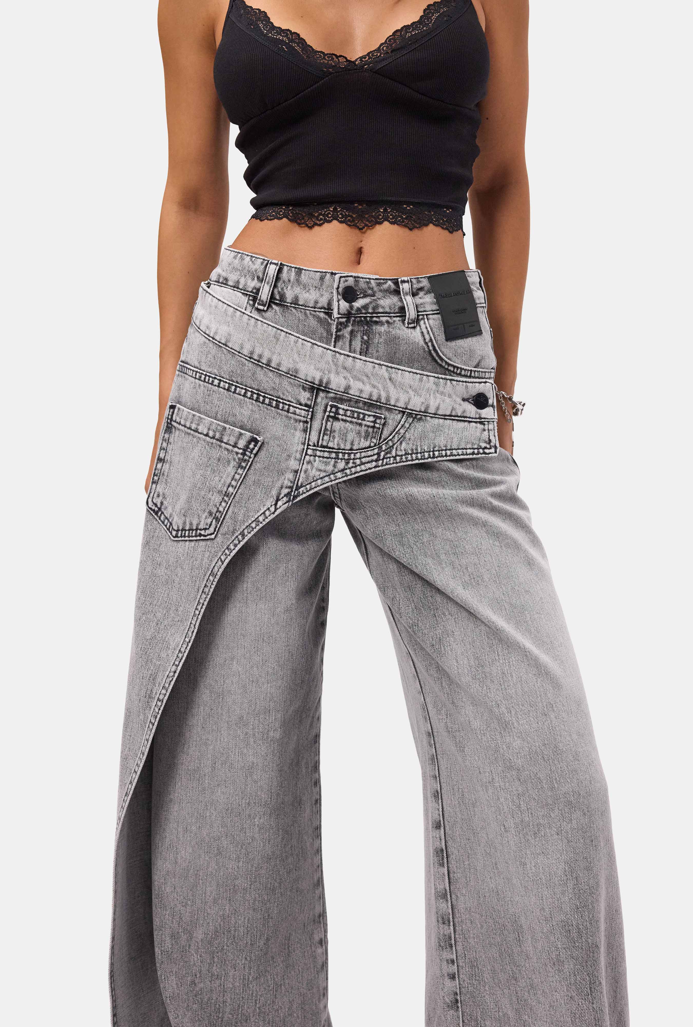 Kadın Füme Palazzo Fit Çift Kemer Detaylı Özel Tasarım Denim Jean