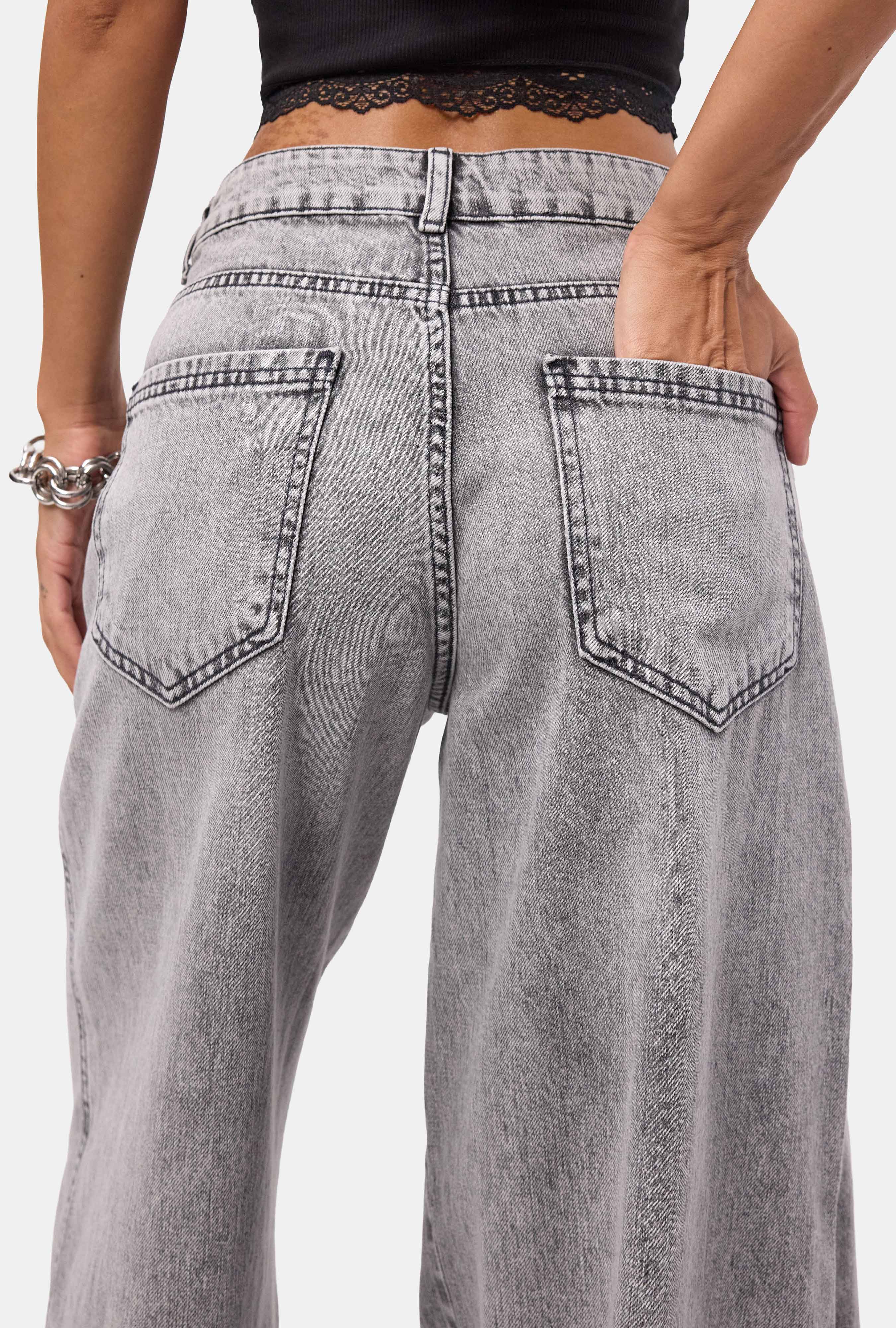 Kadın Füme Palazzo Fit Çift Kemer Detaylı Özel Tasarım Denim Jean