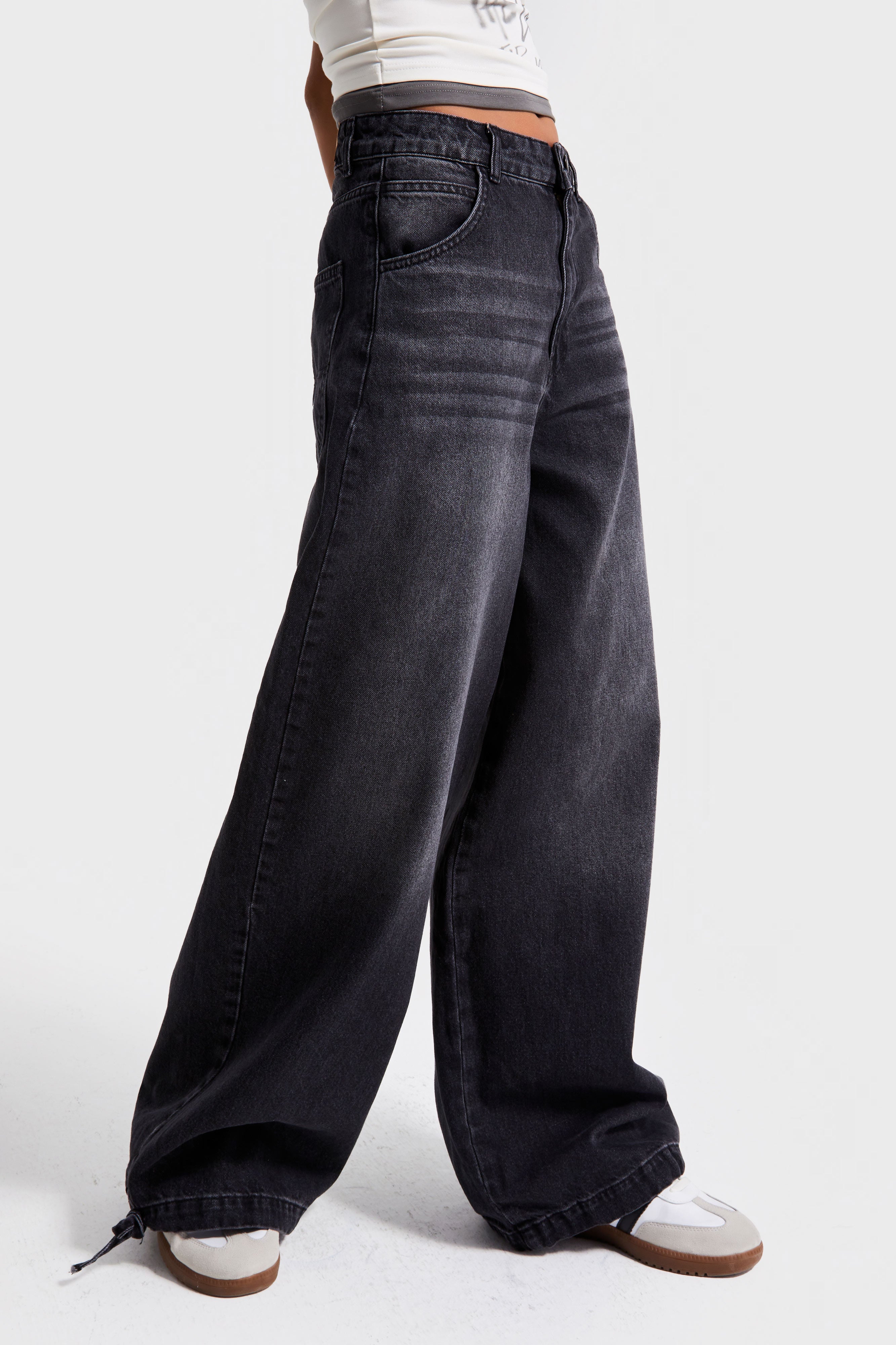 Kadın Füme Renk 2w5-1 Straight Baggy Fit %100 Koton Paça Bağcık Detaylı Bol Kesim Denim Jean