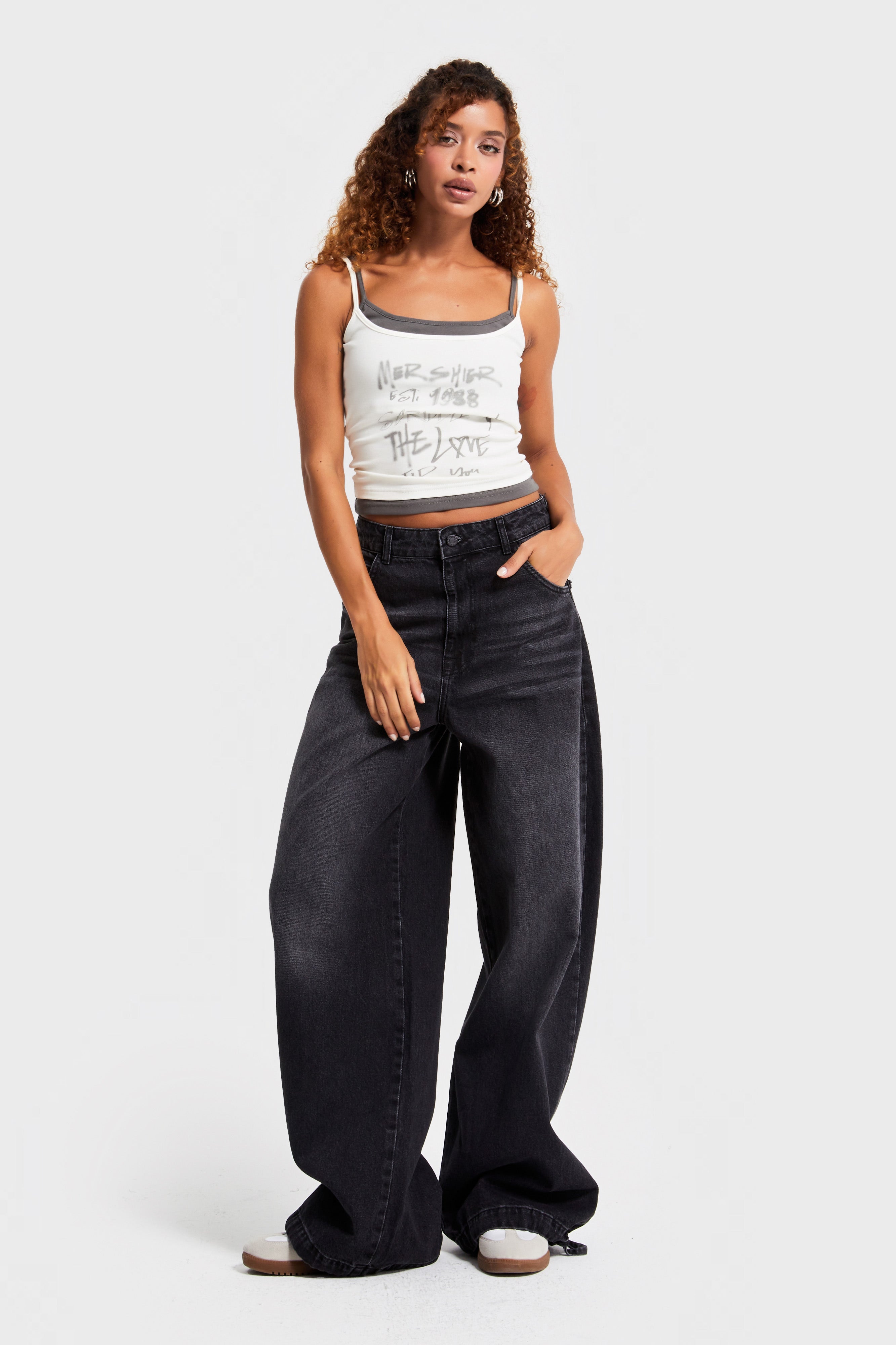 Kadın Füme Renk 2w5-1 Straight Baggy Fit %100 Koton Paça Bağcık Detaylı Bol Kesim Denim Jean