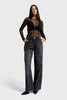Women's Smoke Color 2w5-1 Wide Leg Relaxed Fit 100% Cotton Belt Detail Denim Jeans