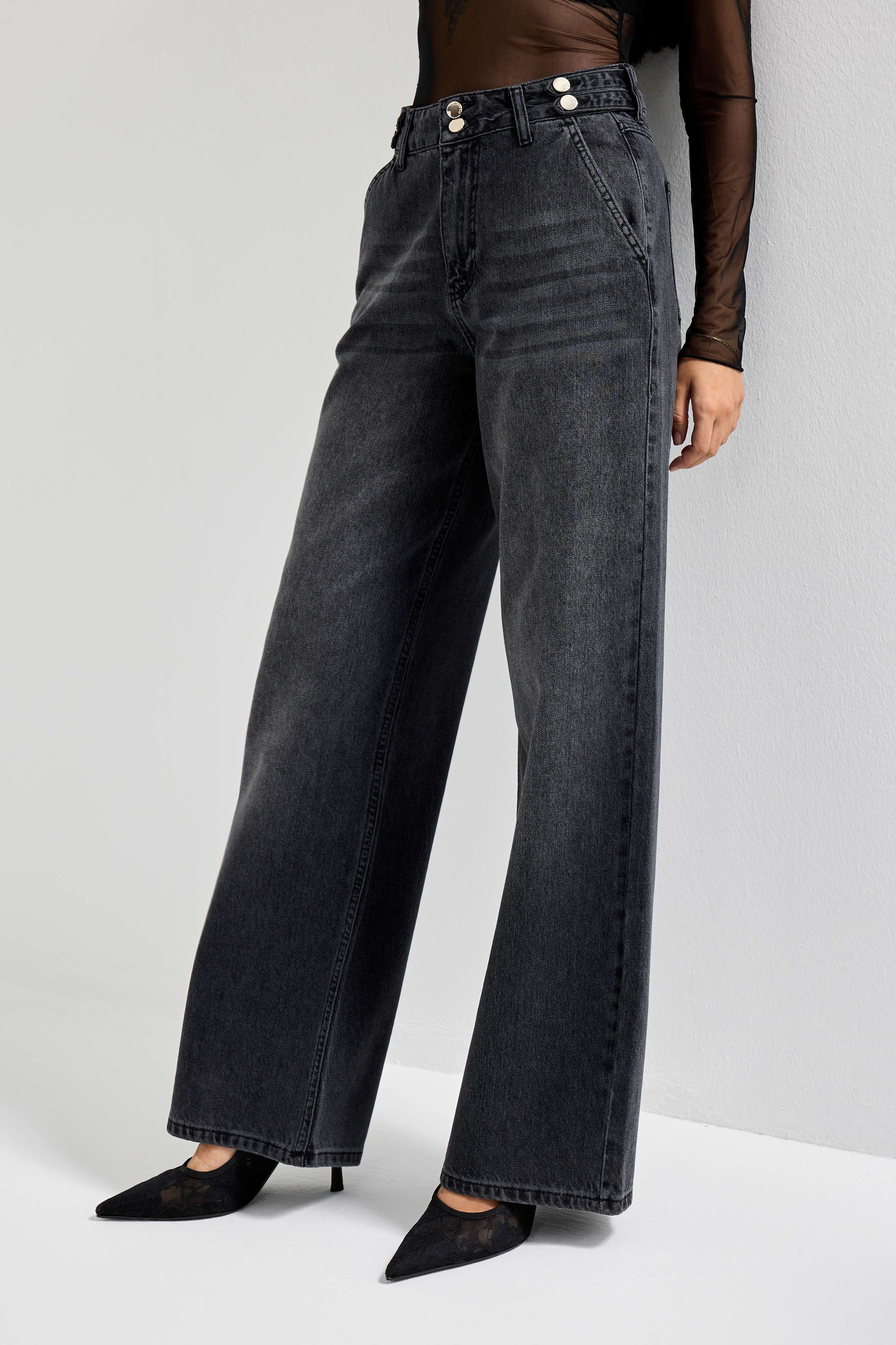 Kadın Füme Renk 2w5-1 Wide Leg Fit Bol Kesim %100 Koton Kemer Detaylı Denim Jean