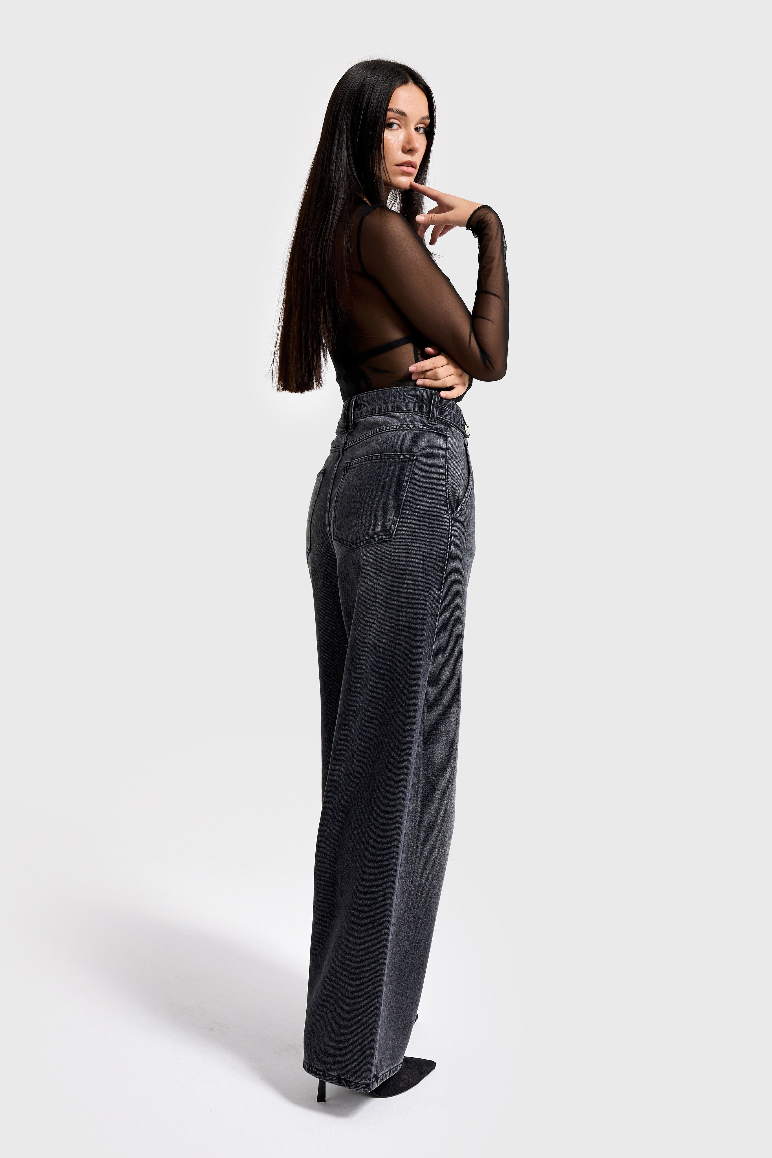 Kadın Füme Renk 2w5-1 Wide Leg Fit Bol Kesim %100 Koton Kemer Detaylı Denim Jean