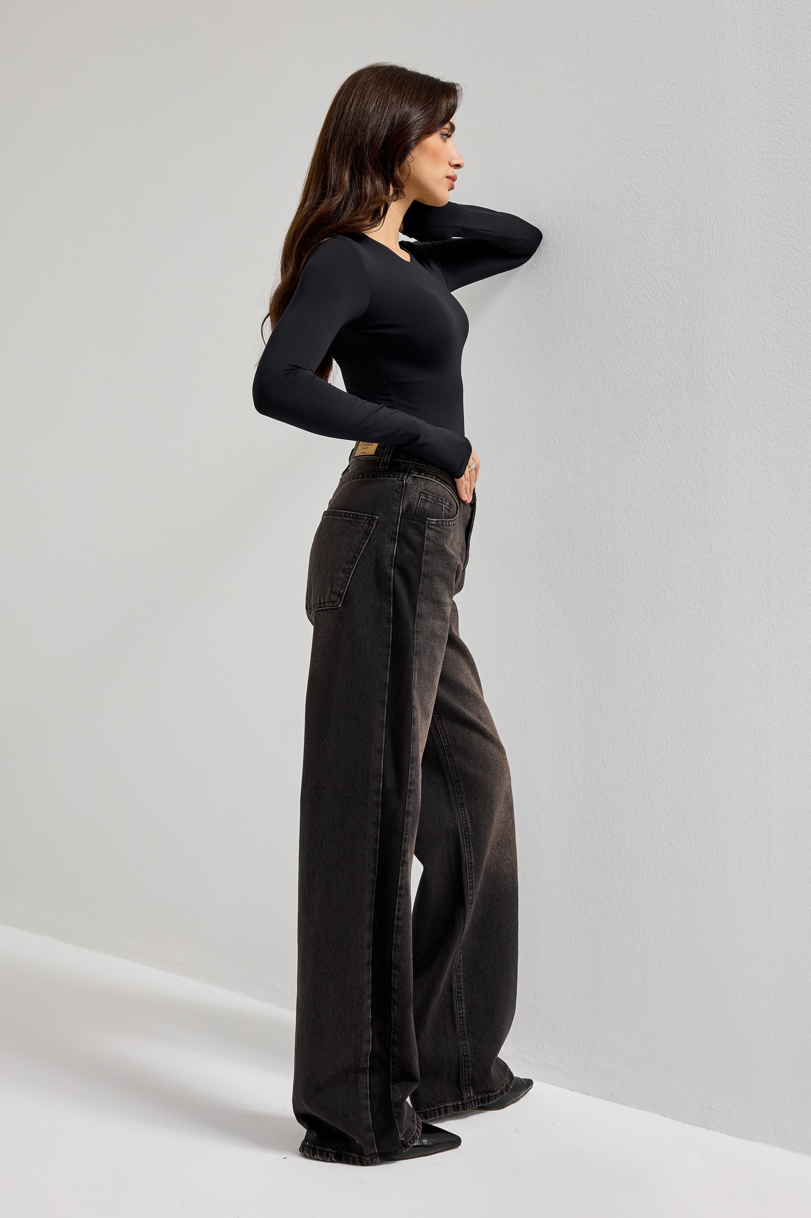 Kadın Füme Renk 2w5-62 Loose Fit Yan Süet Detaylı Özel Tasarım Denim Jean