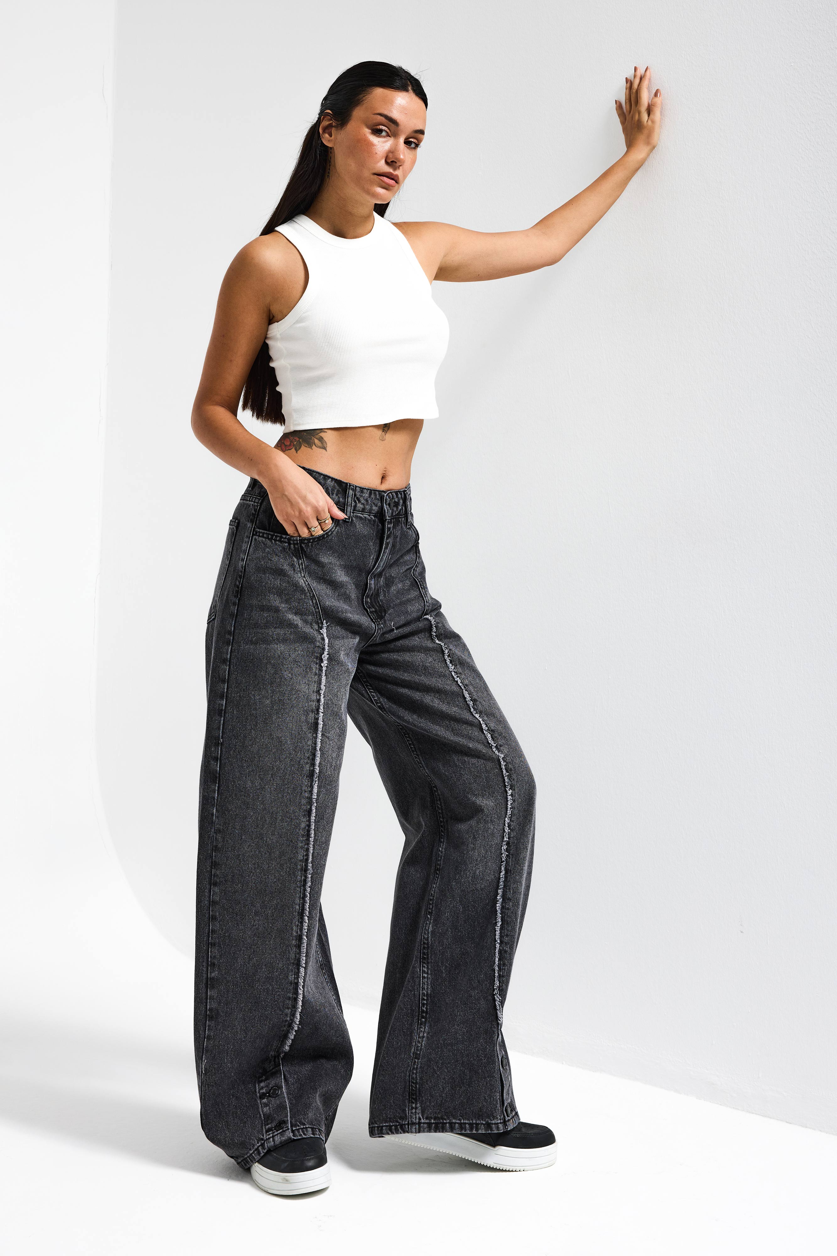 Kadın Füme Renk 4s6-14 Süper Baggy Paça Detaylı Tasarım Denim Jean