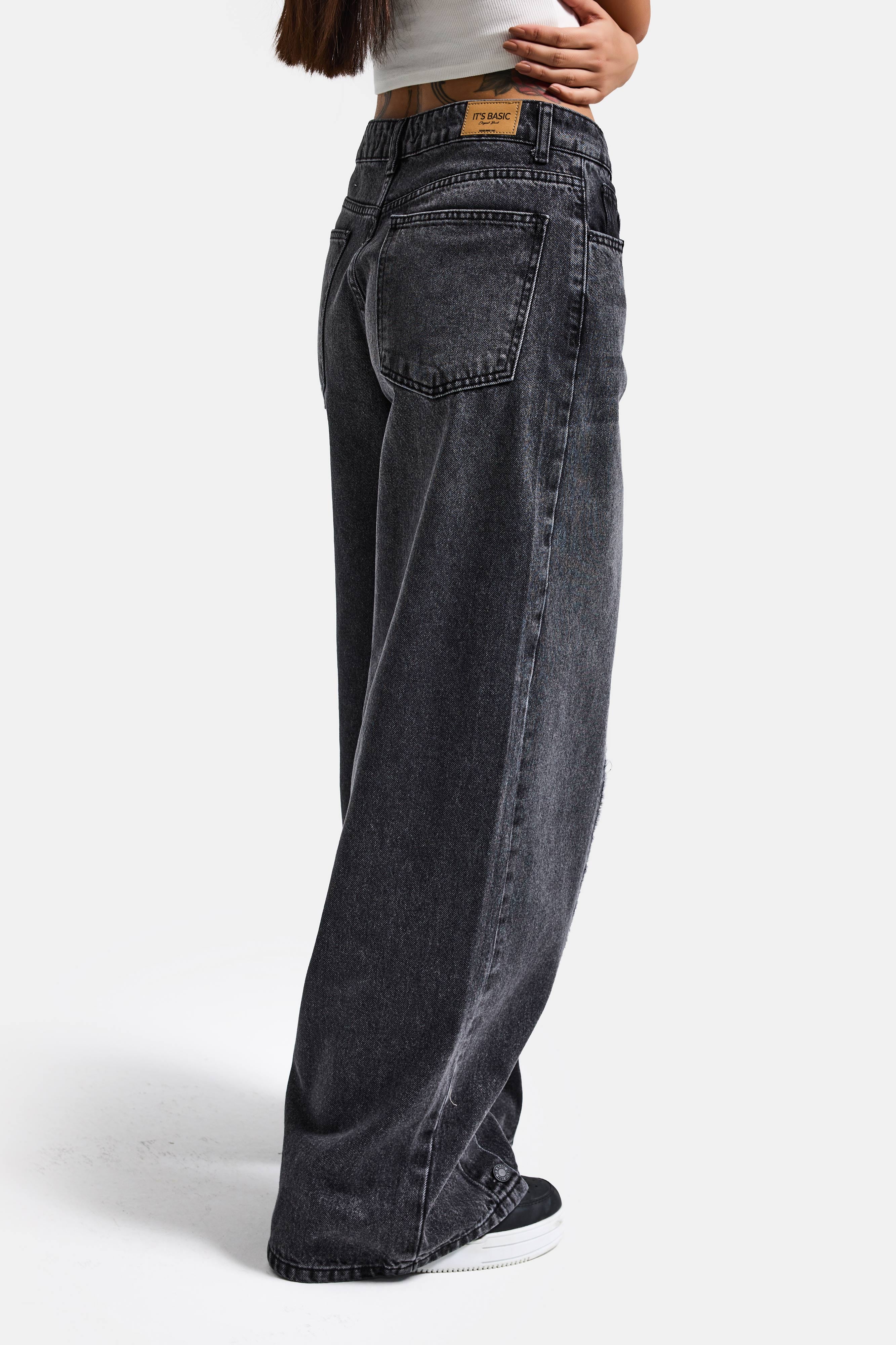 Kadın Füme Renk 4s6-14 Süper Baggy Paça Detaylı Tasarım Denim Jean