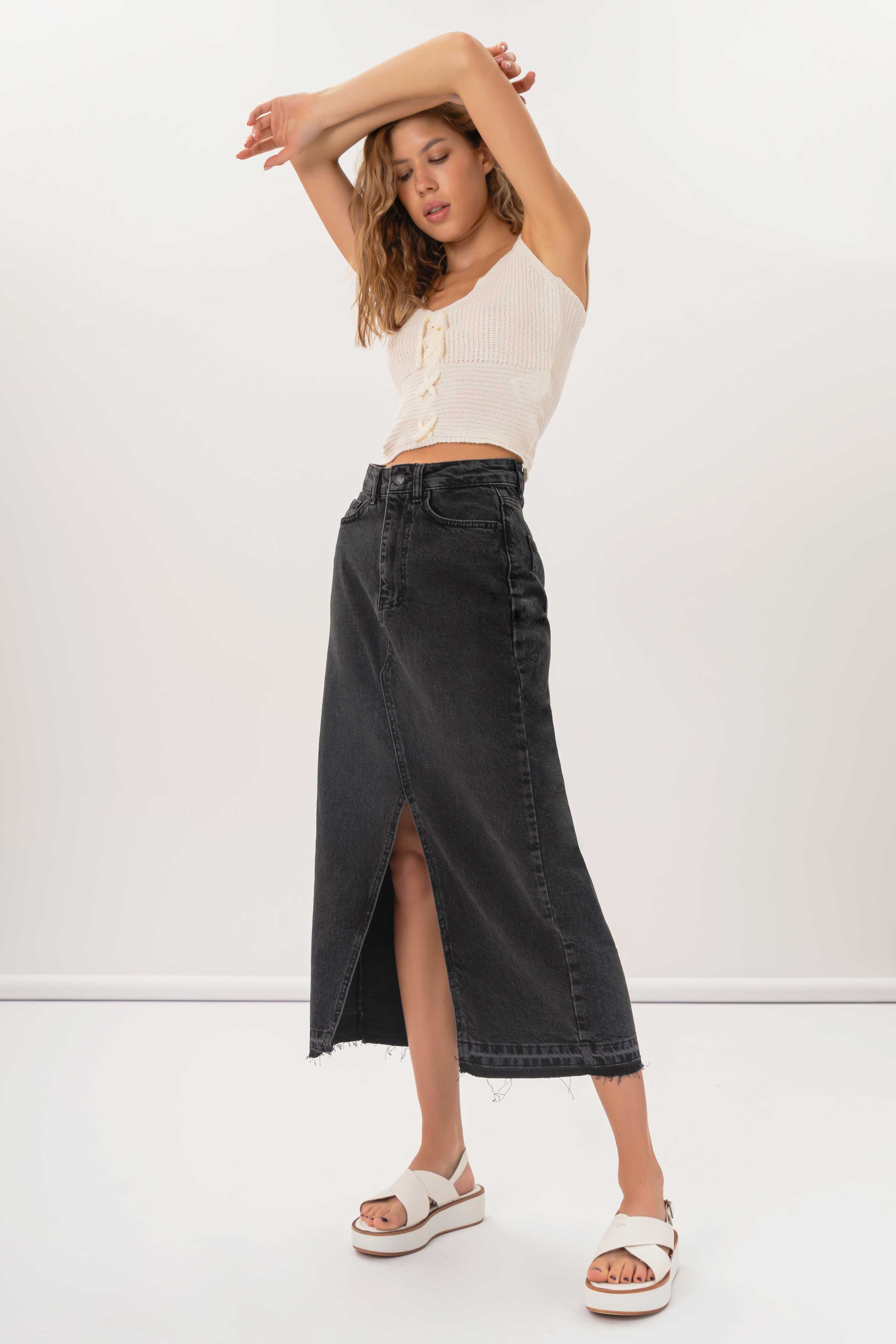 Women's Dark Grey Deep Slit High Waist Long Denim Skirt