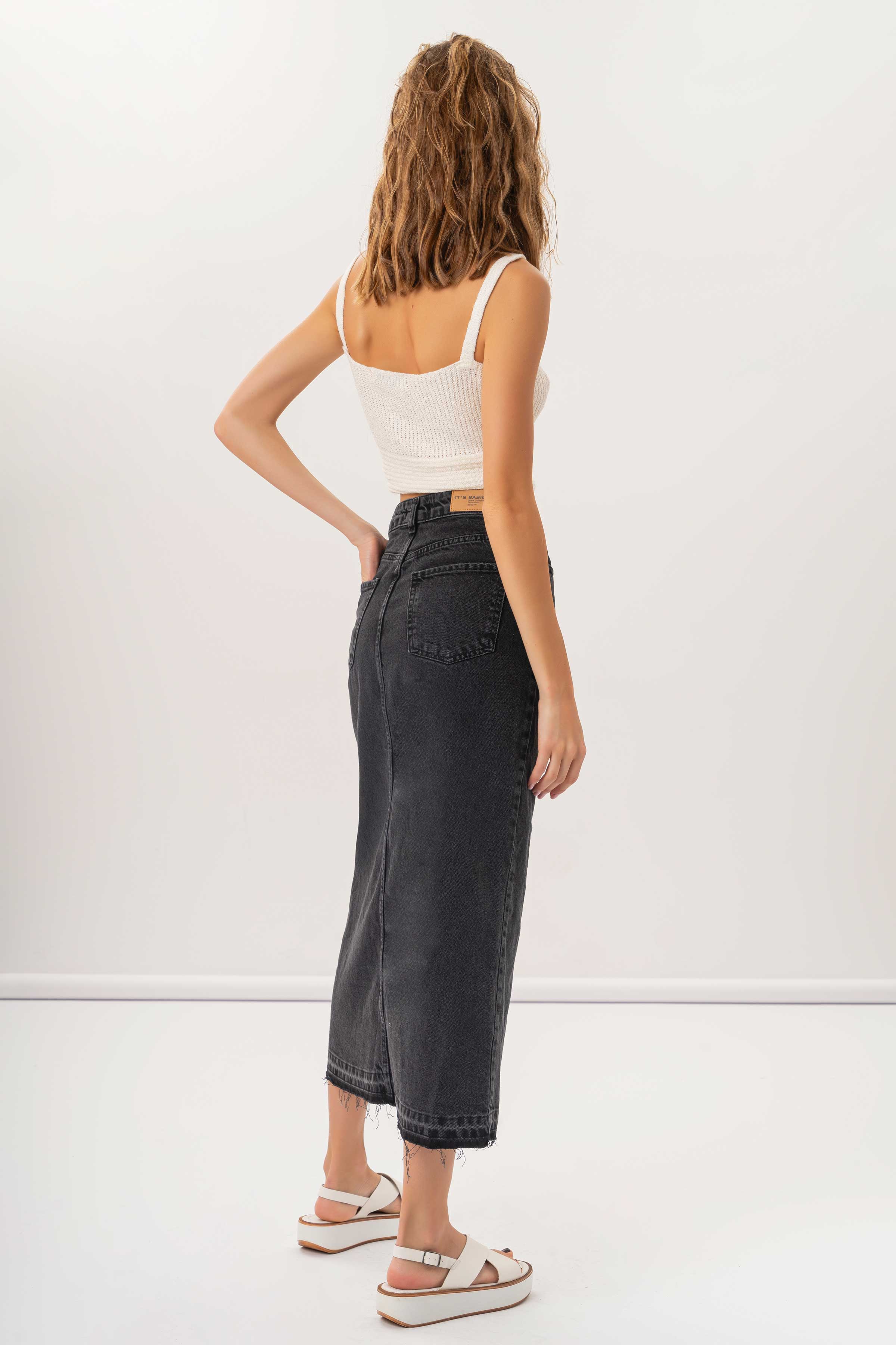 Women's Dark Grey Deep Slit High Waist Long Denim Skirt